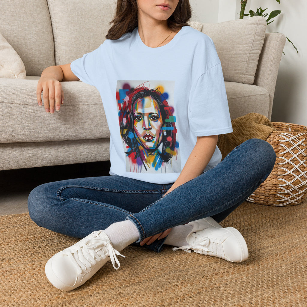 Abstract Artsy Kamala Portrait T-Shirt — Colorful Spray Paint Face Art Tee