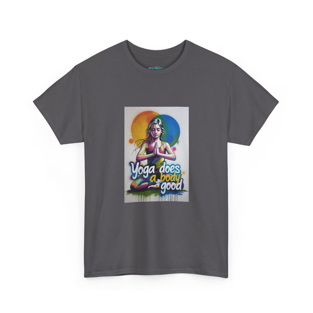Yoga Does a Body Good T-Shirt | Meditating Woman Rainbow Sun Graphic