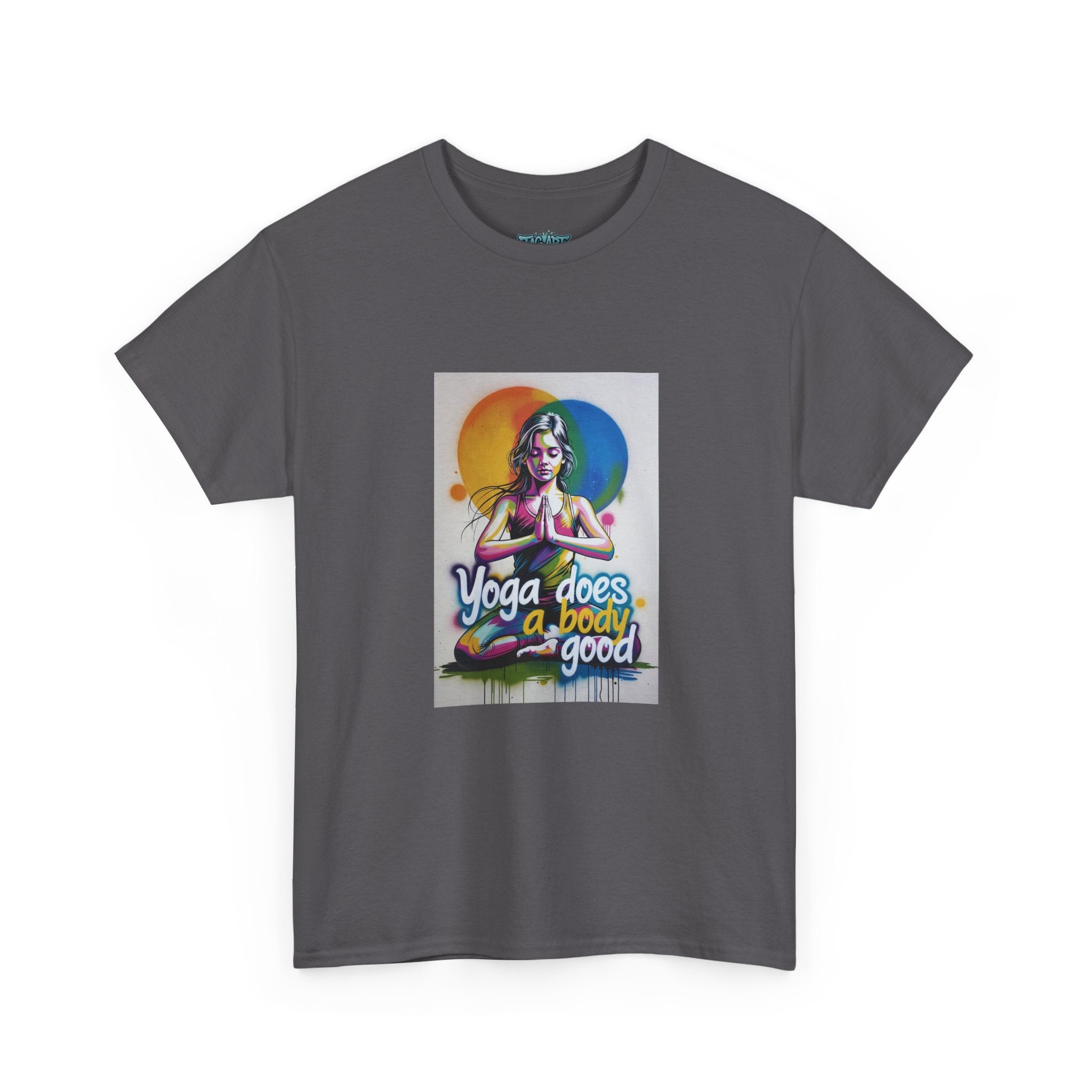 Yoga Does a Body Good T-Shirt | Meditating Woman Rainbow Sun Graphic