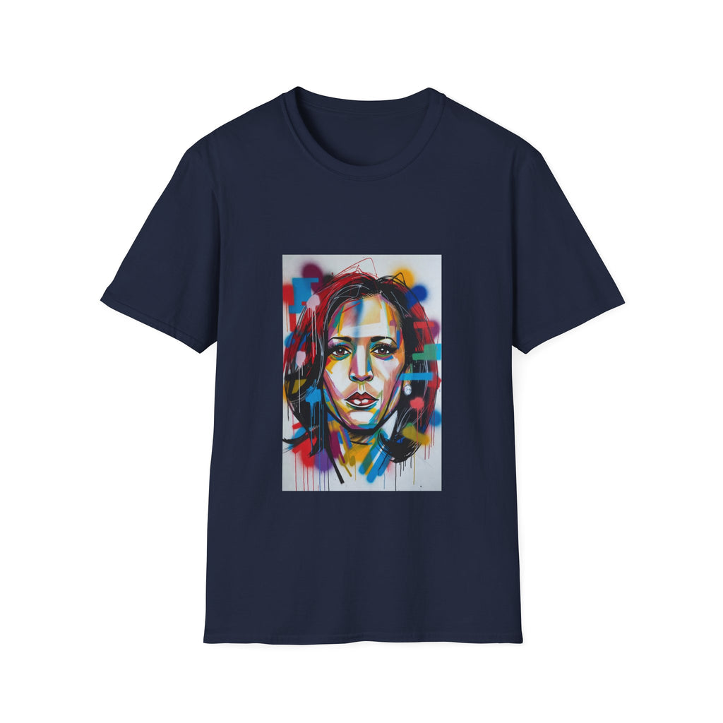 Abstract Artsy Kamala Portrait T-Shirt — Colorful Spray Paint Face Art Tee