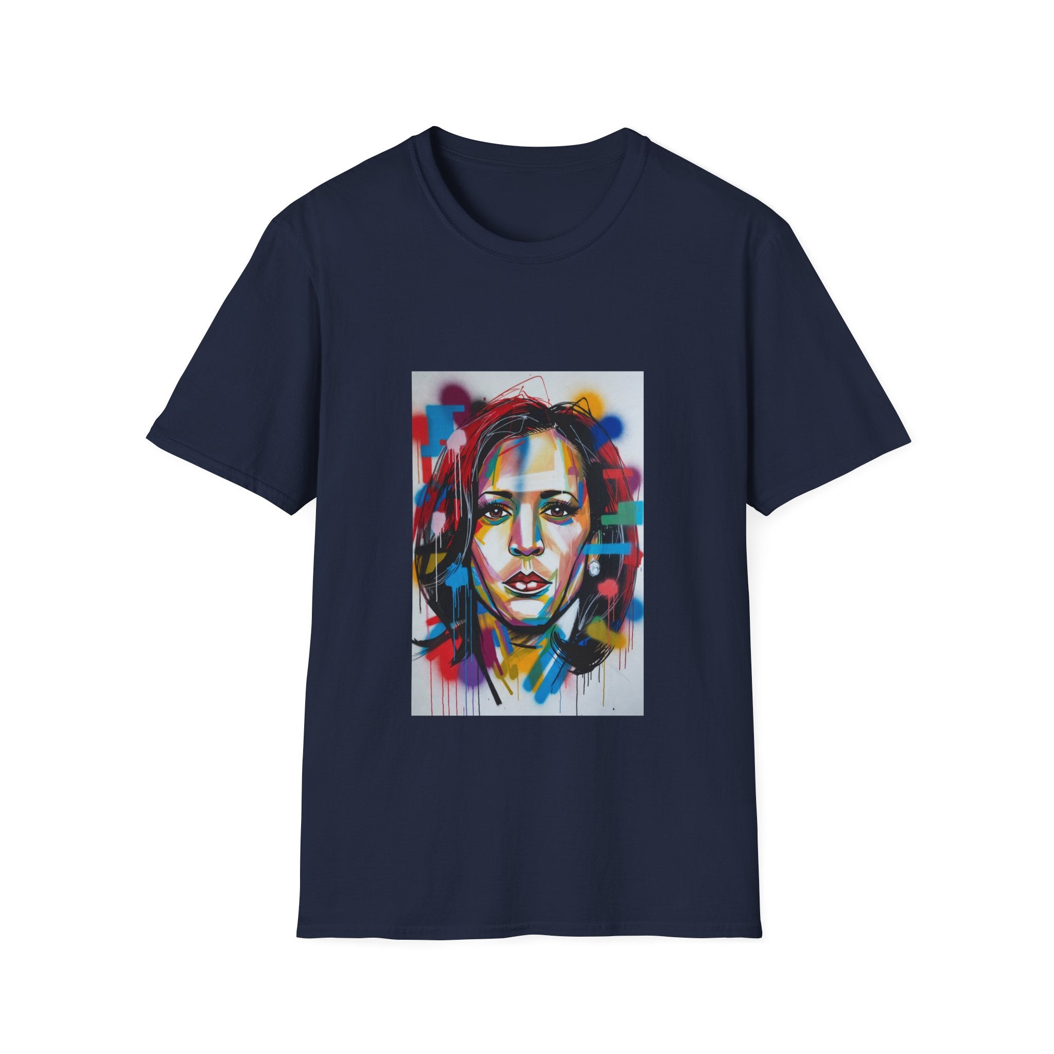 Abstract Artsy Kamala Portrait T-Shirt — Colorful Spray Paint Face Art Tee