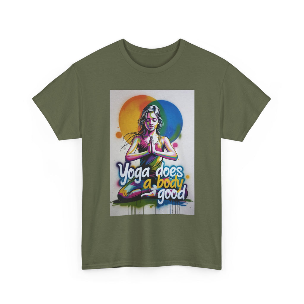 Yoga Does a Body Good T-Shirt | Meditating Woman Rainbow Sun Graphic