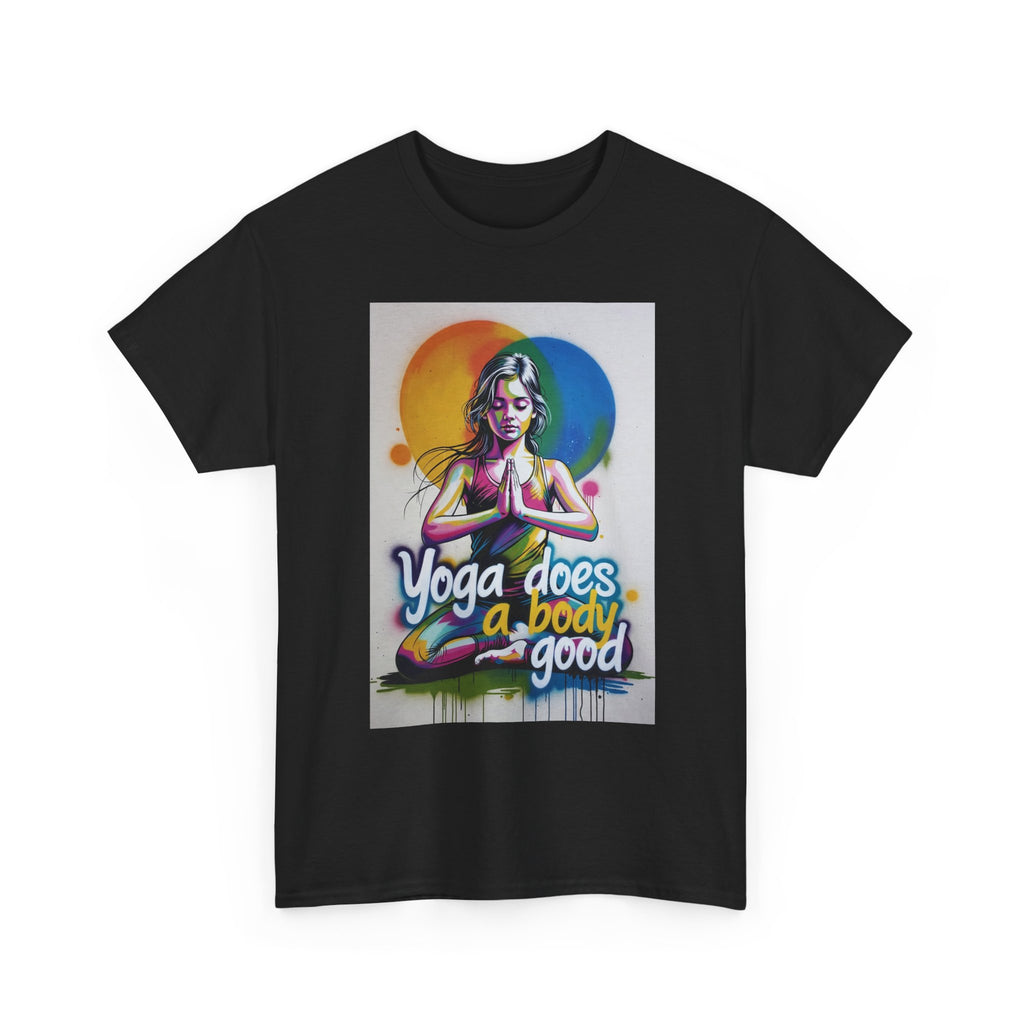 Yoga Does a Body Good T-Shirt | Meditating Woman Rainbow Sun Graphic