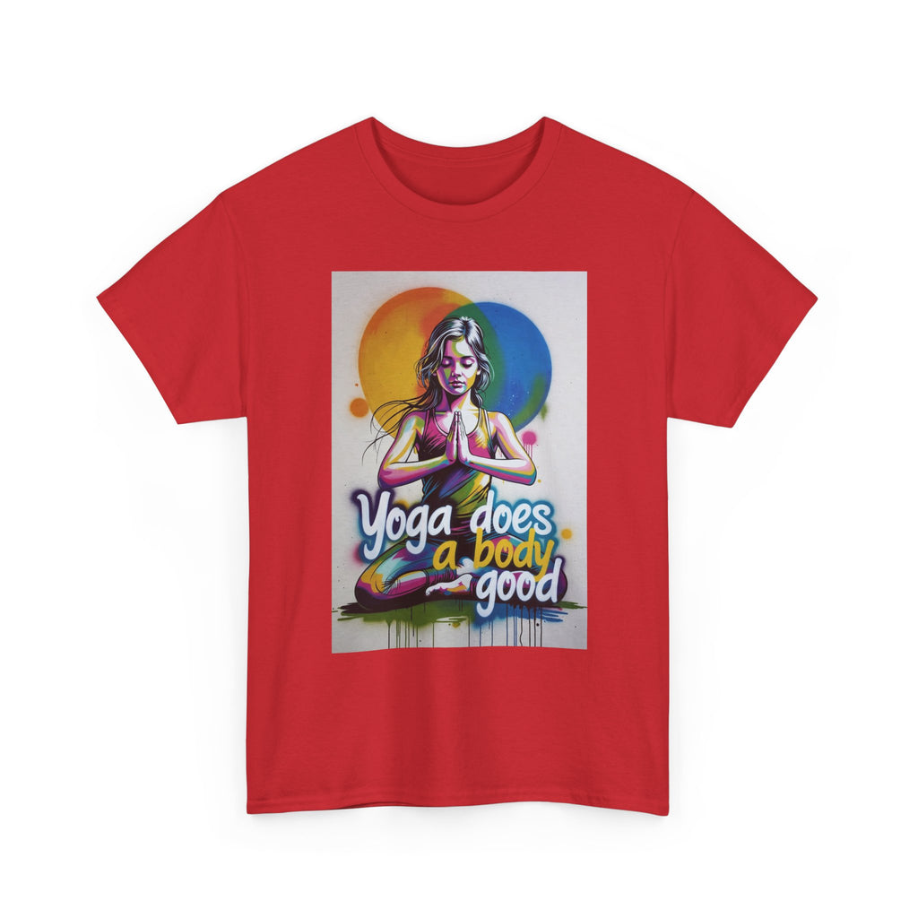 Yoga Does a Body Good T-Shirt | Meditating Woman Rainbow Sun Graphic