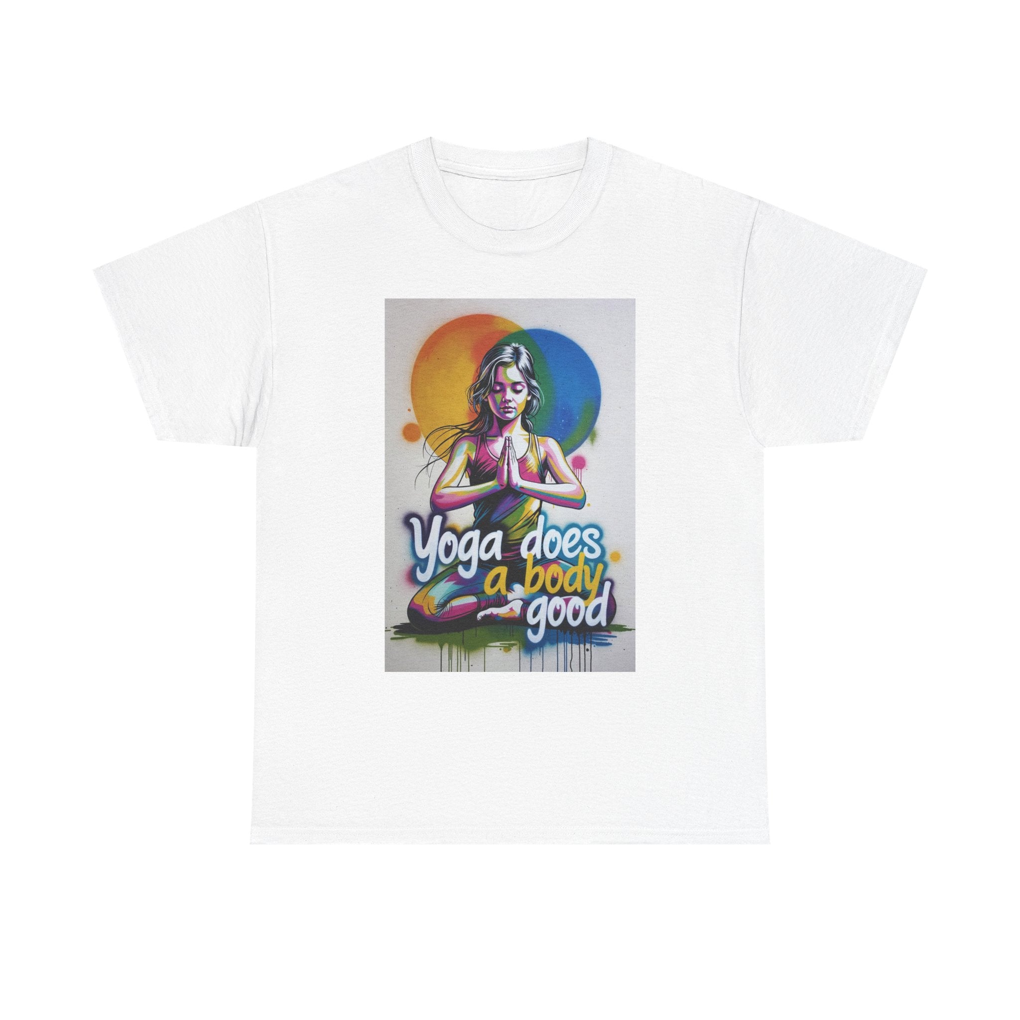 Yoga Does a Body Good T-Shirt | Meditating Woman Rainbow Sun Graphic