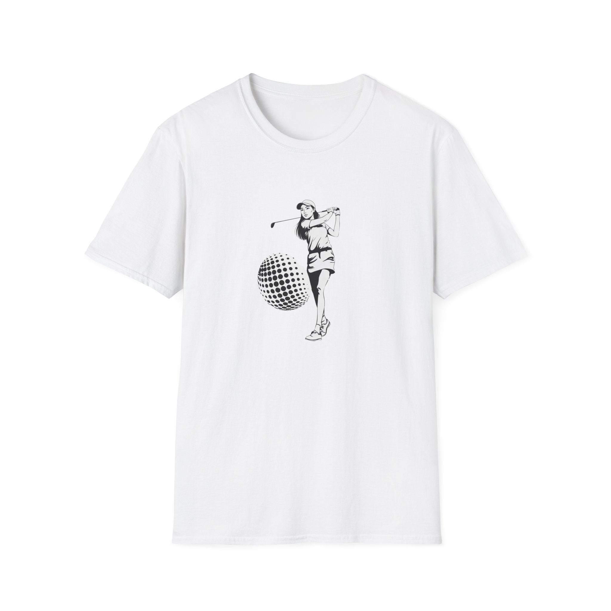Golf Swing Graphic T‑Shirt — Retro Golfer with Patterned Ball