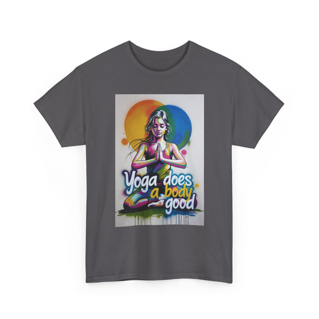 Yoga Does a Body Good T-Shirt | Meditating Woman Rainbow Sun Graphic