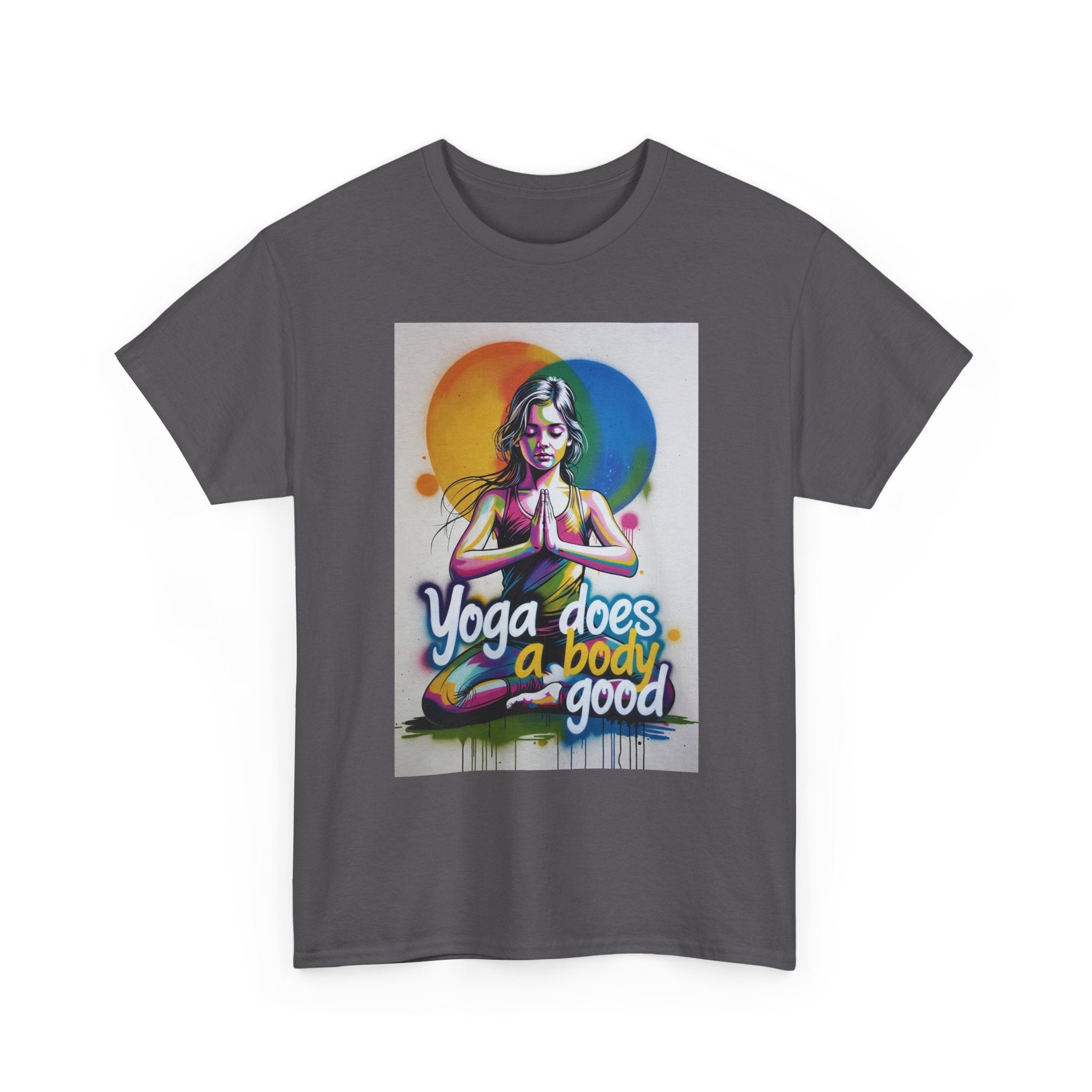 Yoga Does a Body Good T-Shirt | Meditating Woman Rainbow Sun Graphic