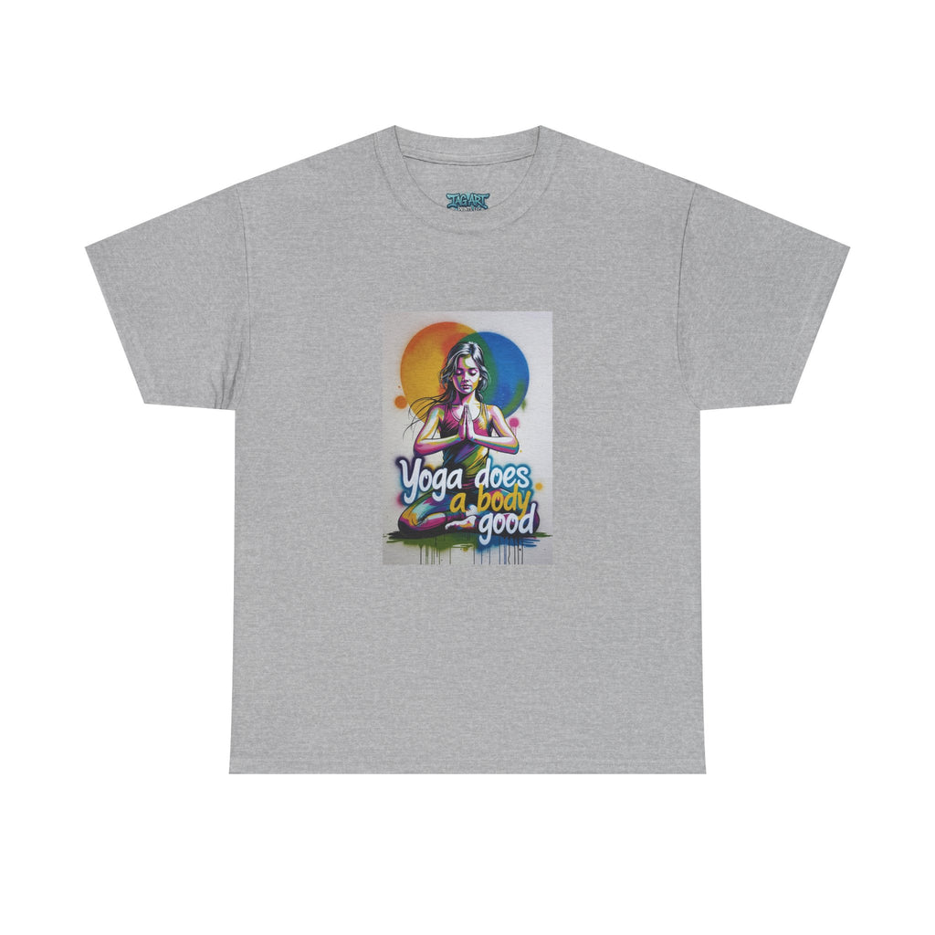 Yoga Does a Body Good T-Shirt | Meditating Woman Rainbow Sun Graphic