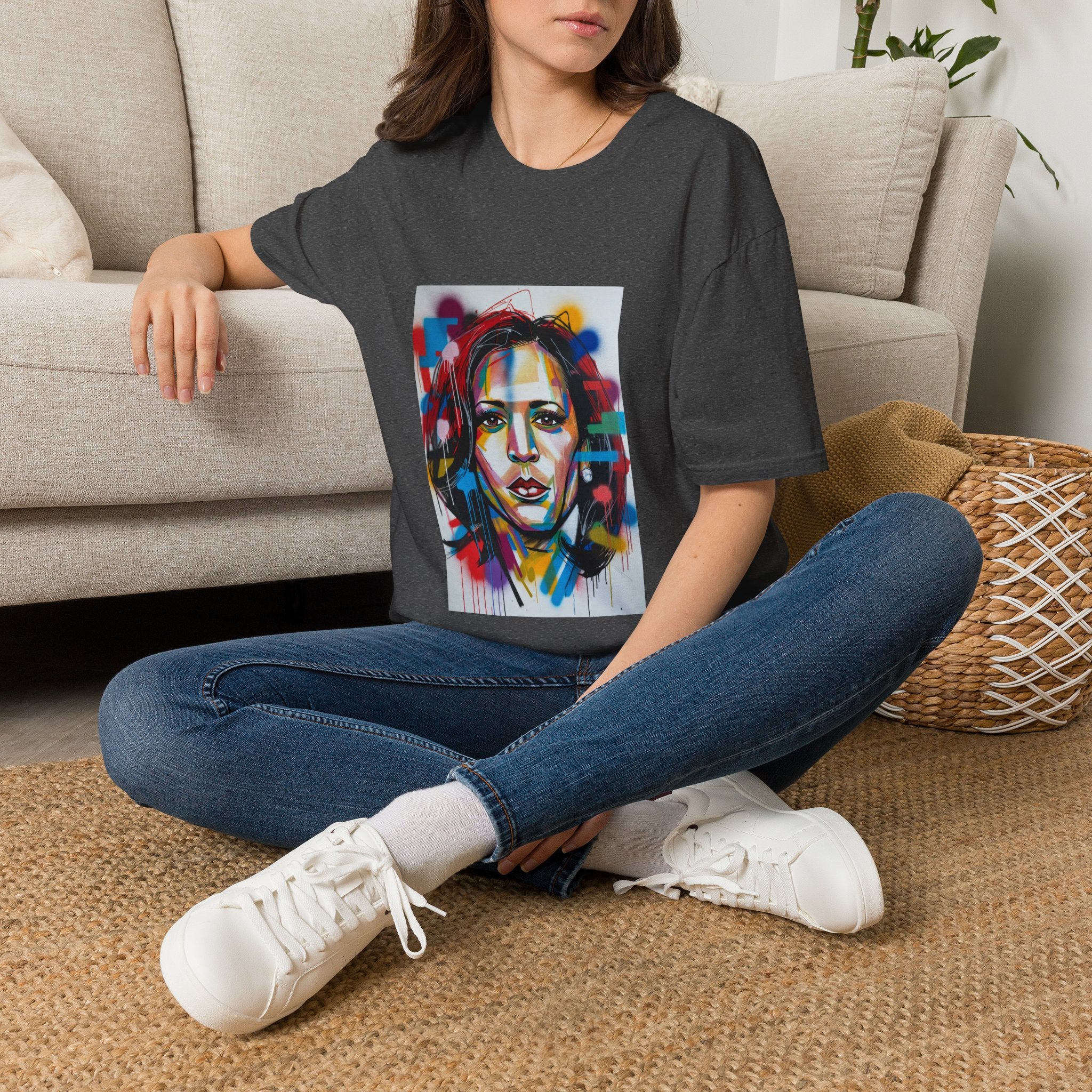 Abstract Artsy Kamala Portrait T-Shirt — Colorful Spray Paint Face Art Tee