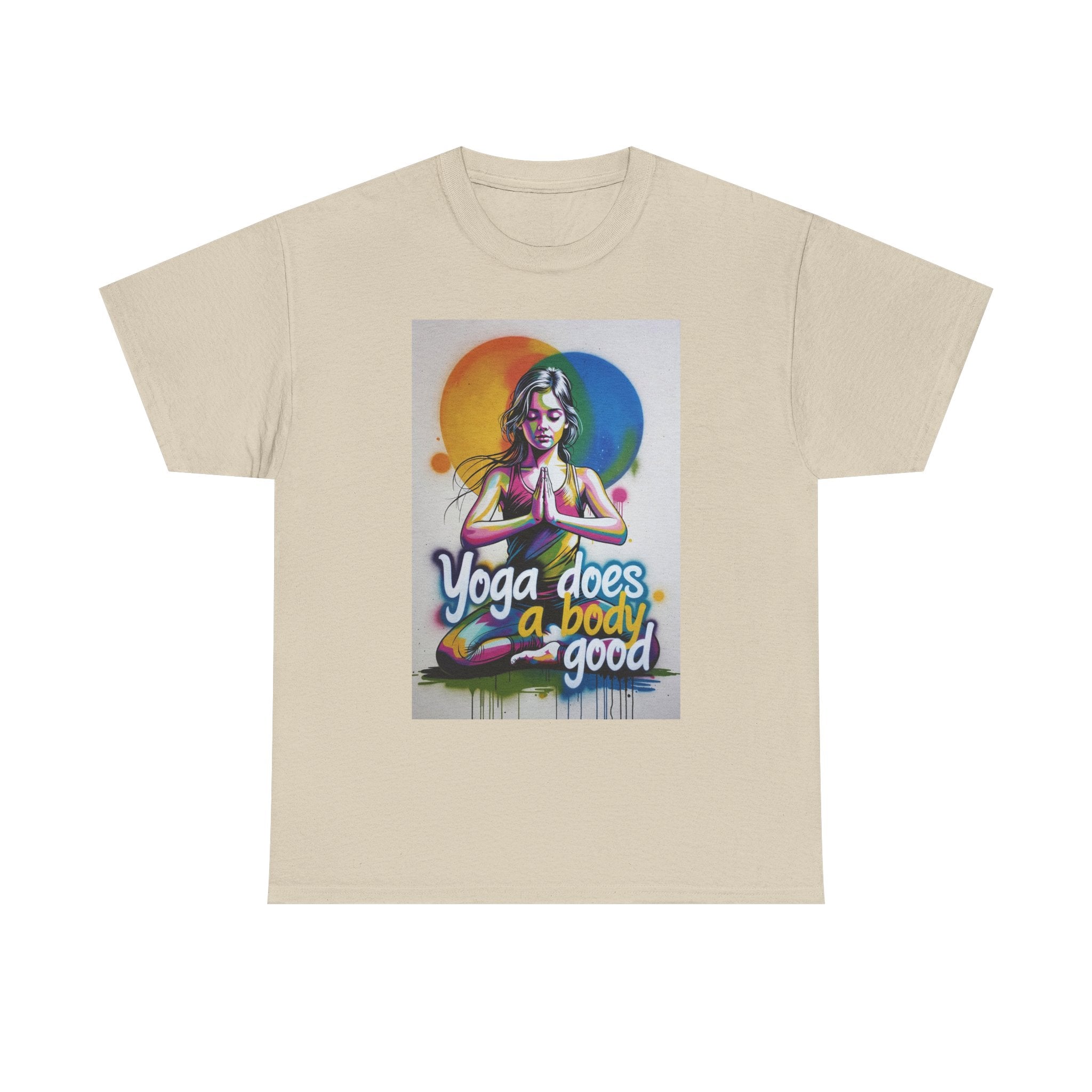 Yoga Does a Body Good T-Shirt | Meditating Woman Rainbow Sun Graphic