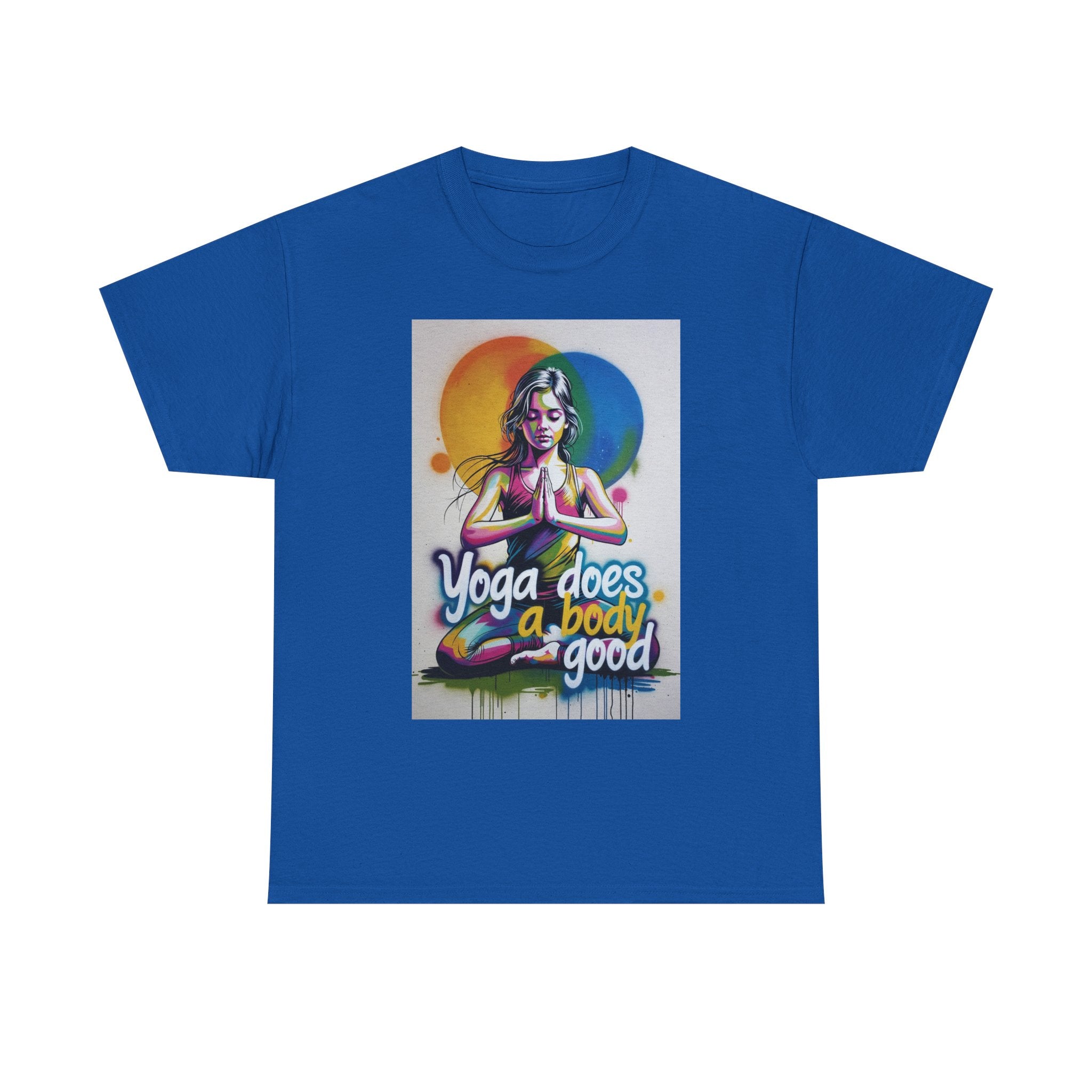 Yoga Does a Body Good T-Shirt | Meditating Woman Rainbow Sun Graphic