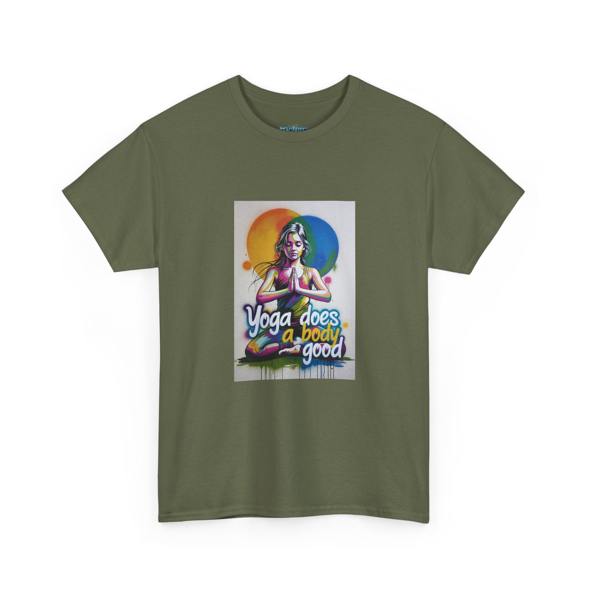 Yoga Does a Body Good T-Shirt | Meditating Woman Rainbow Sun Graphic