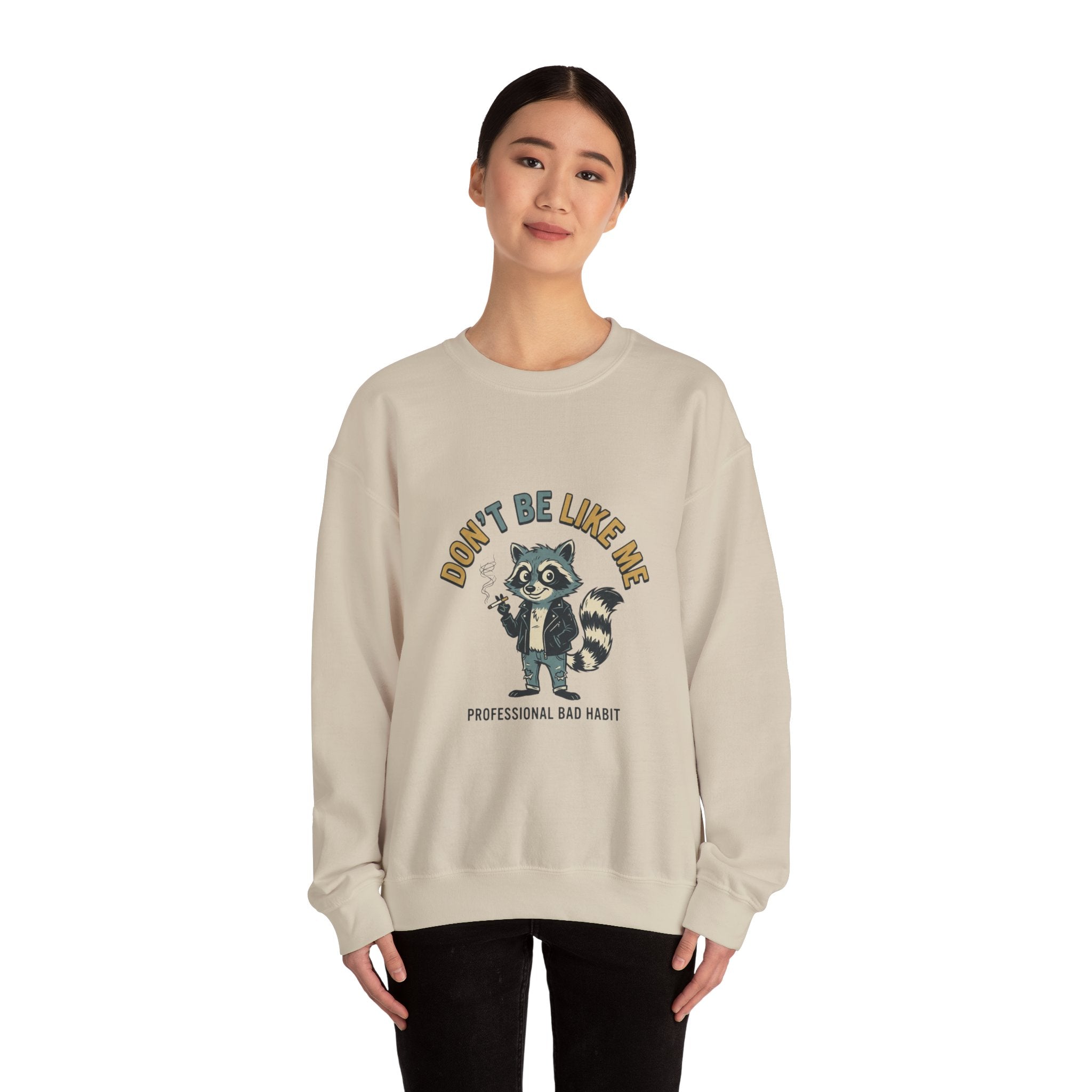 Don’t Be Like Me Raccoon Smoking Crewneck, ironic animal smoking sweatshirt, alt meme