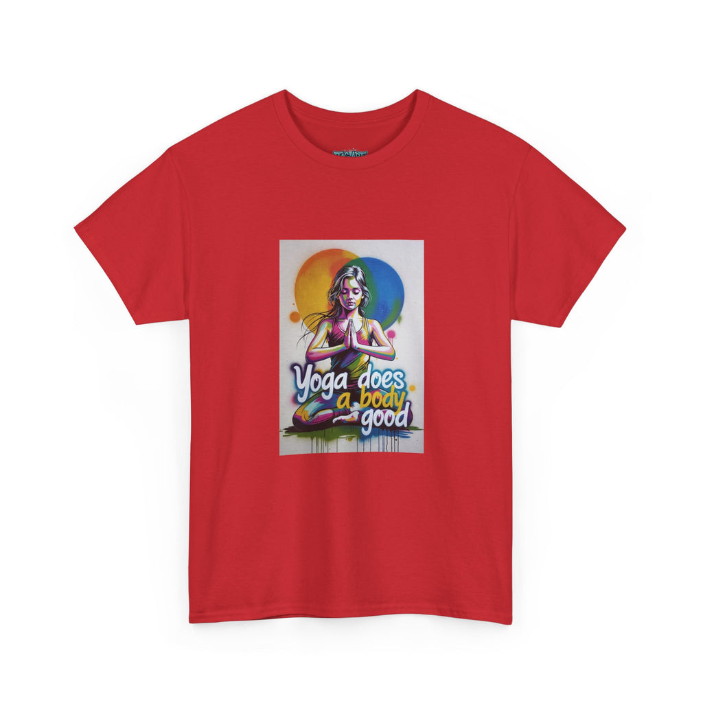 Yoga Does a Body Good T-Shirt | Meditating Woman Rainbow Sun Graphic