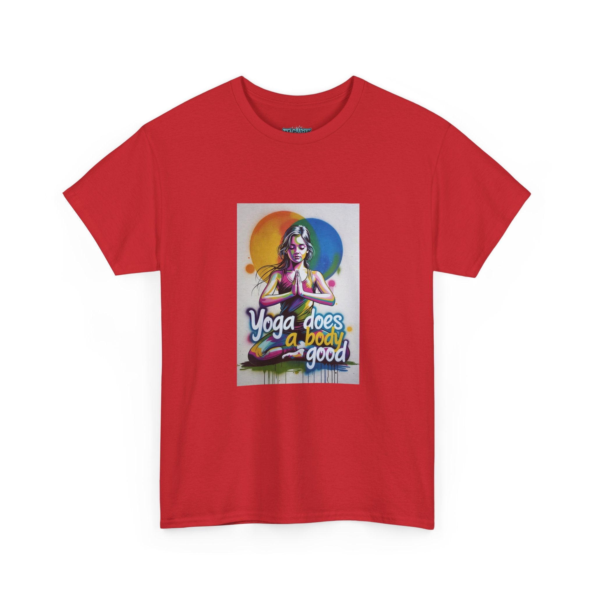 Yoga Does a Body Good T-Shirt | Meditating Woman Rainbow Sun Graphic