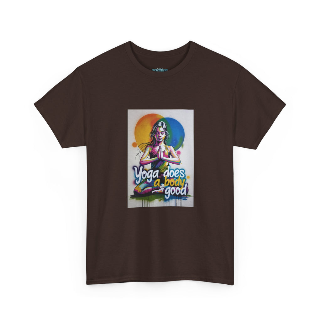 Yoga Does a Body Good T-Shirt | Meditating Woman Rainbow Sun Graphic