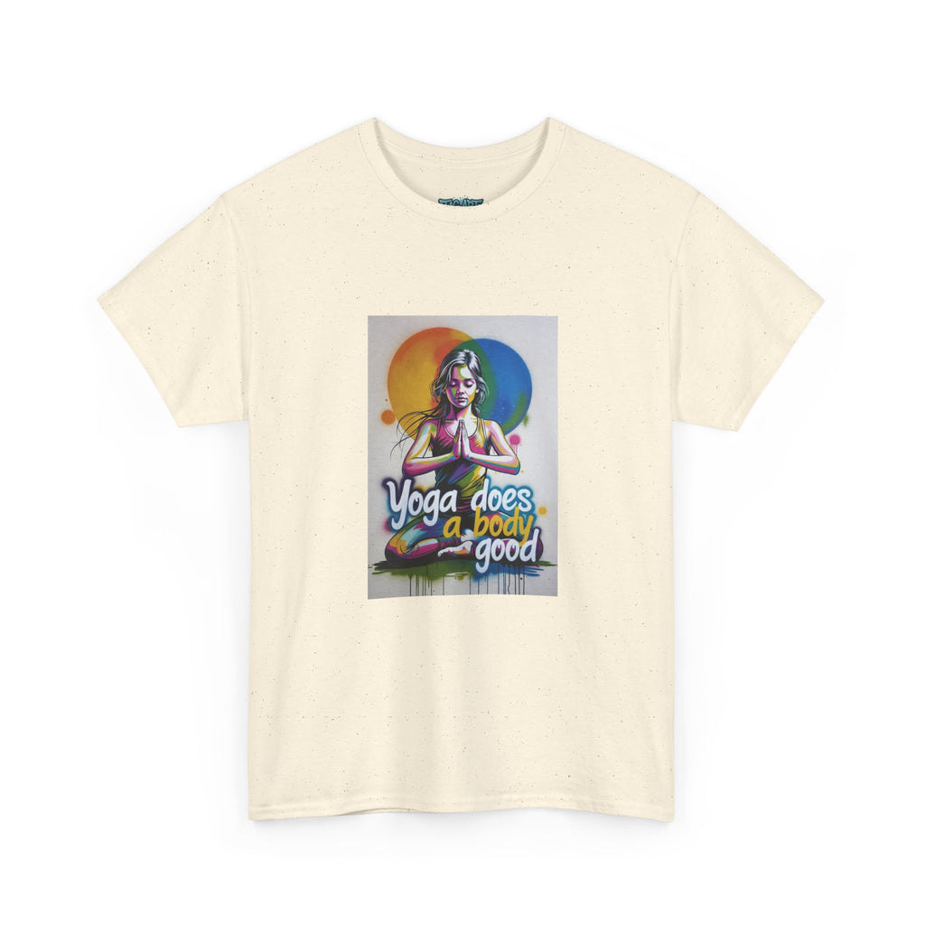 Yoga Does a Body Good T-Shirt | Meditating Woman Rainbow Sun Graphic