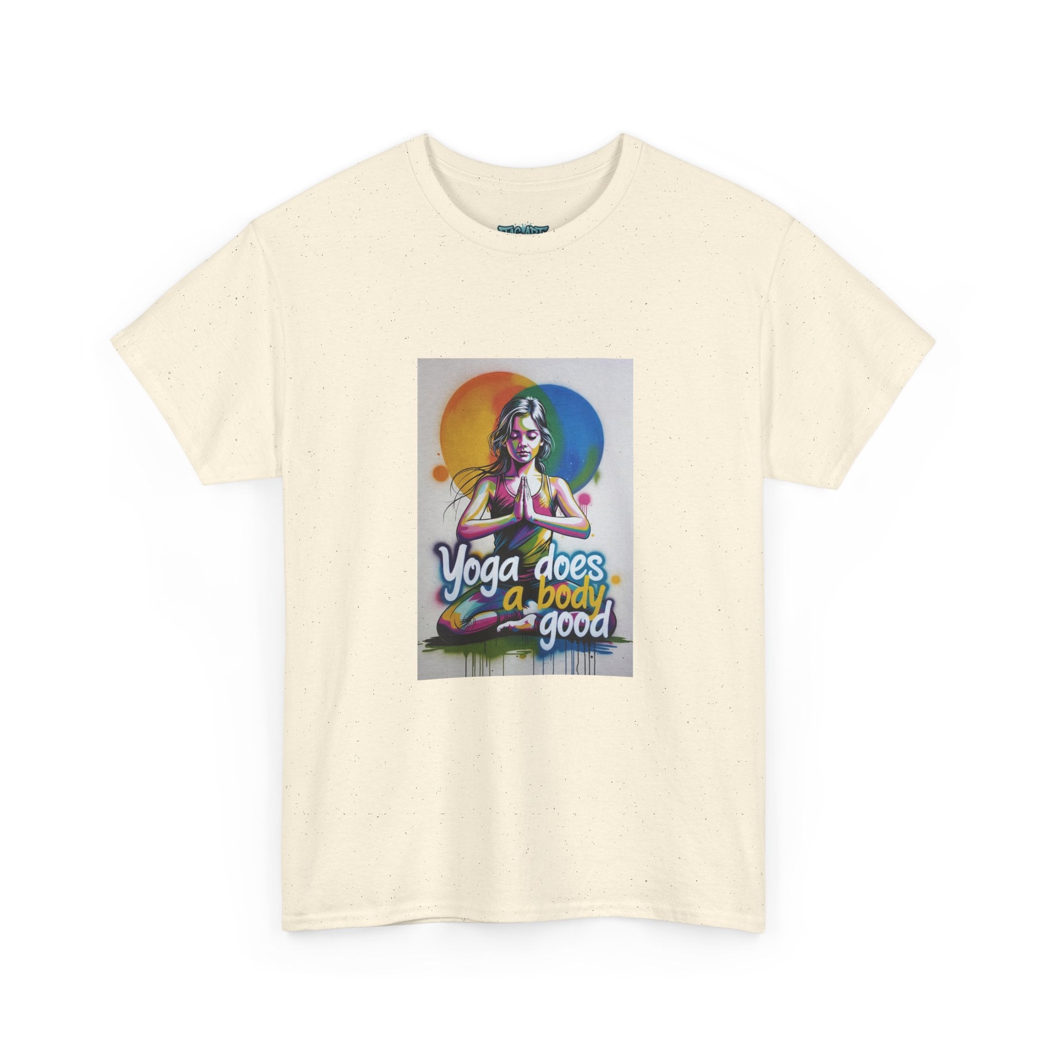 Yoga Does a Body Good T-Shirt | Meditating Woman Rainbow Sun Graphic
