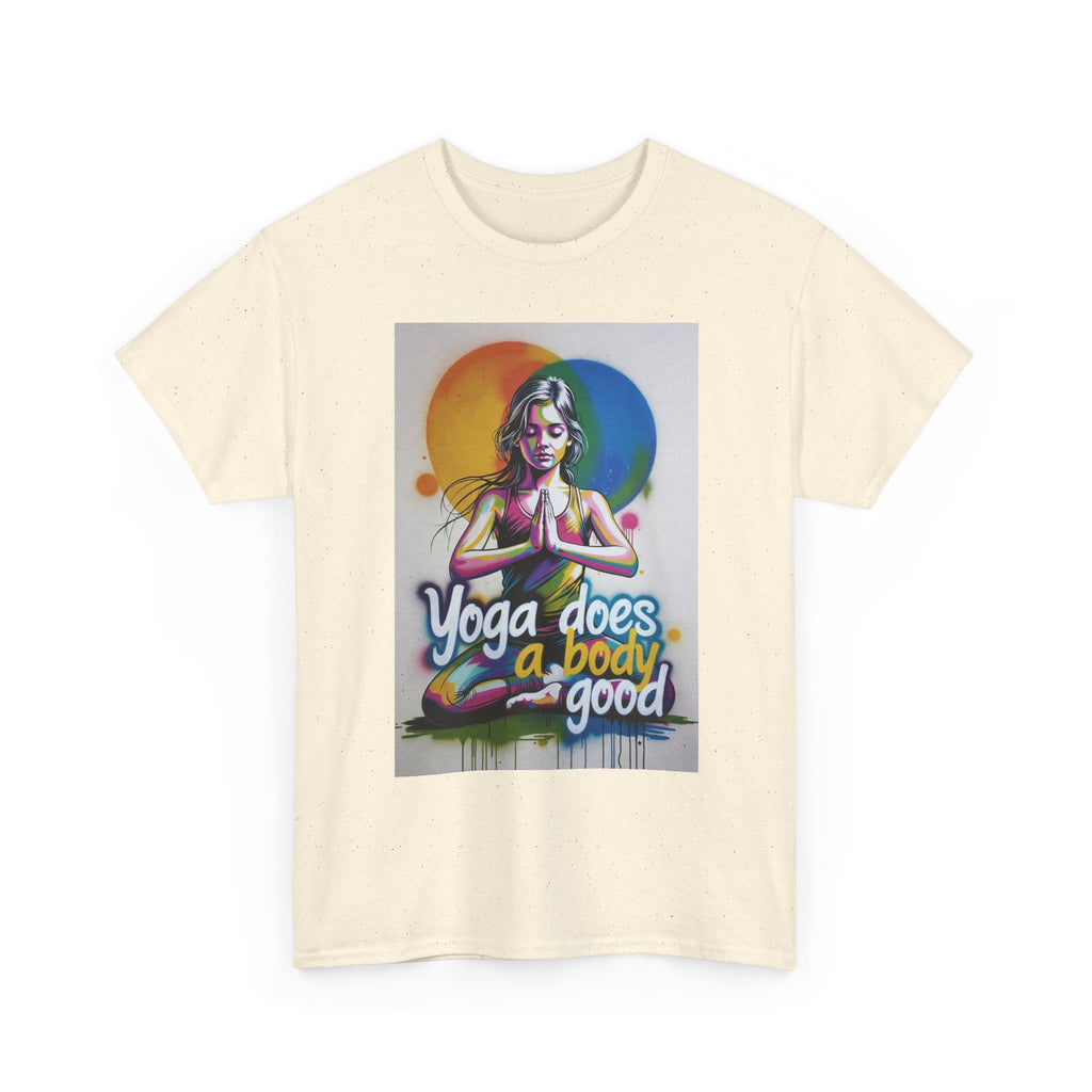 Yoga Does a Body Good T-Shirt | Meditating Woman Rainbow Sun Graphic