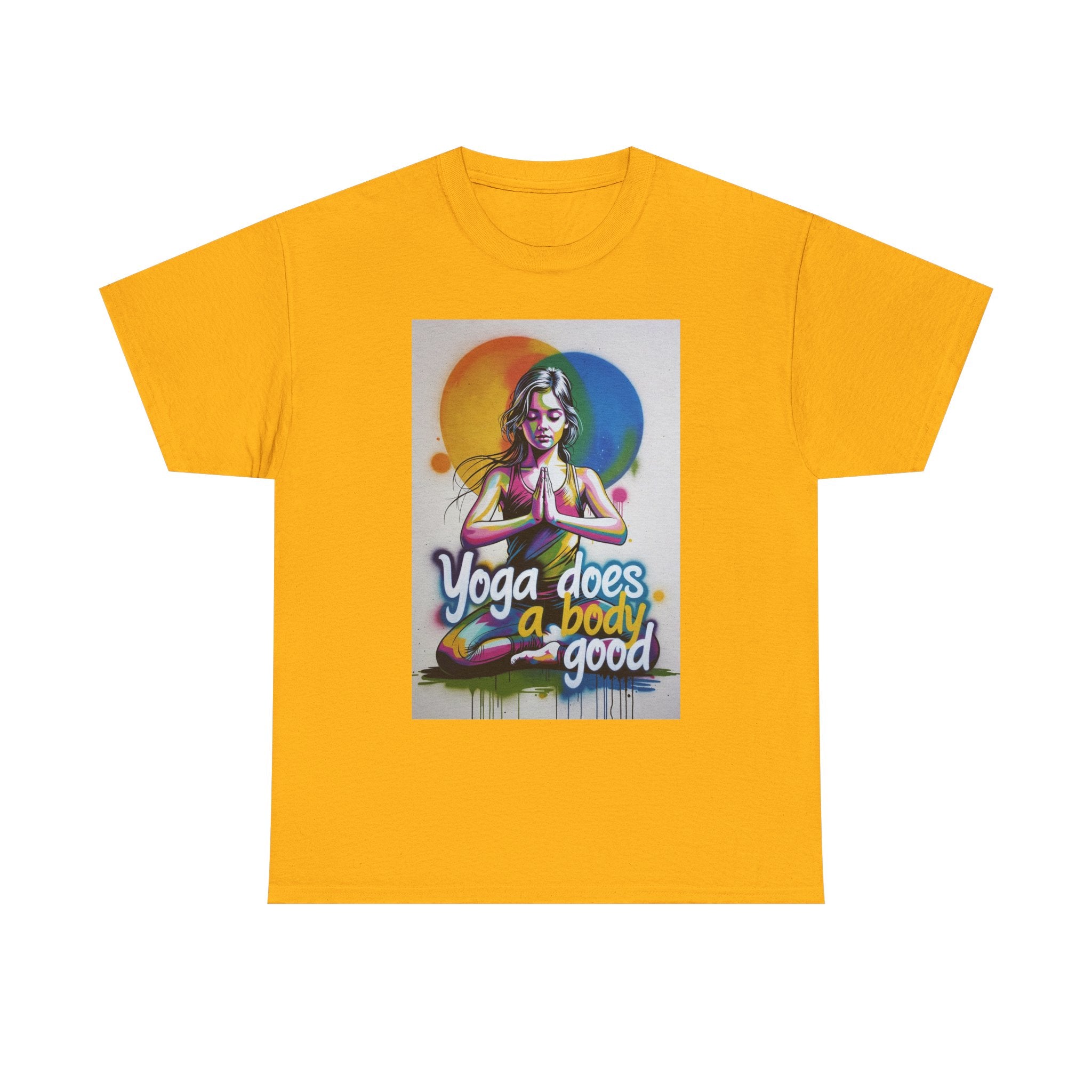 Yoga Does a Body Good T-Shirt | Meditating Woman Rainbow Sun Graphic