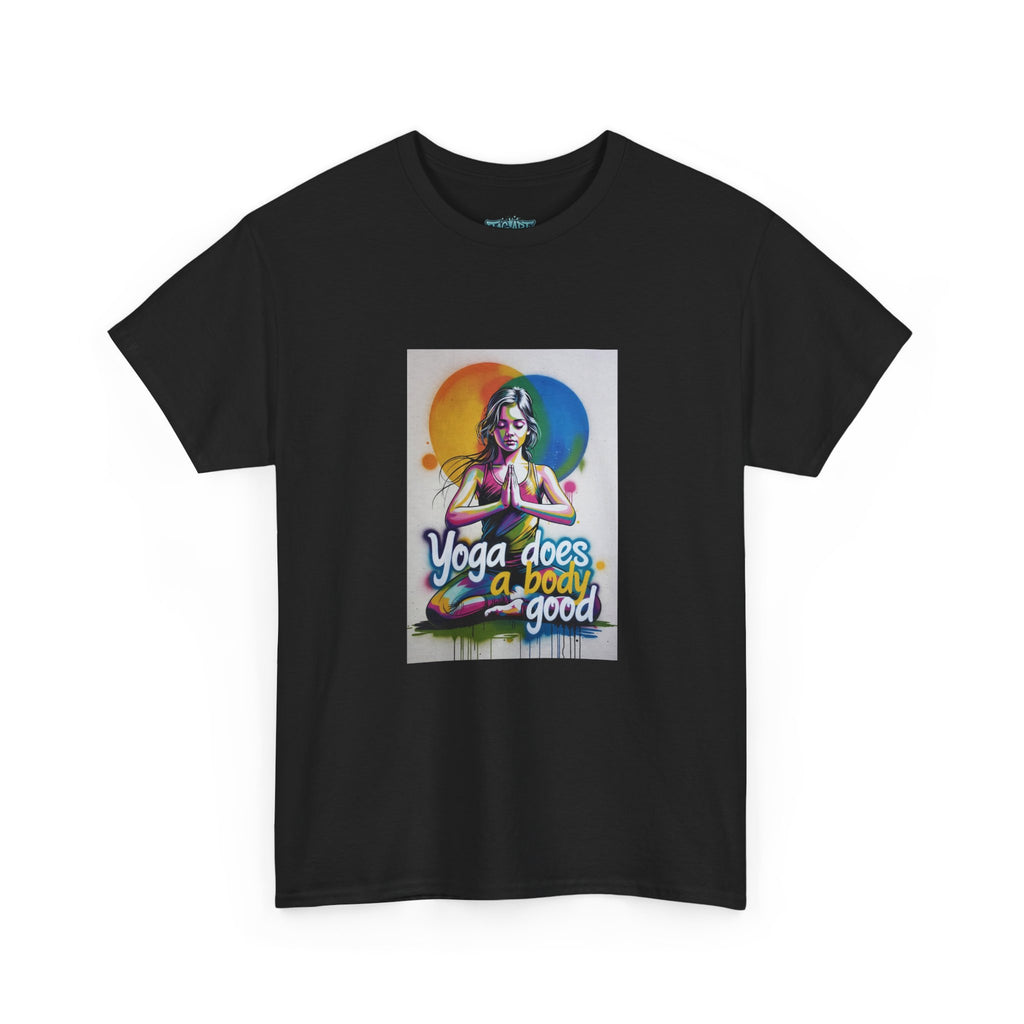 Yoga Does a Body Good T-Shirt | Meditating Woman Rainbow Sun Graphic