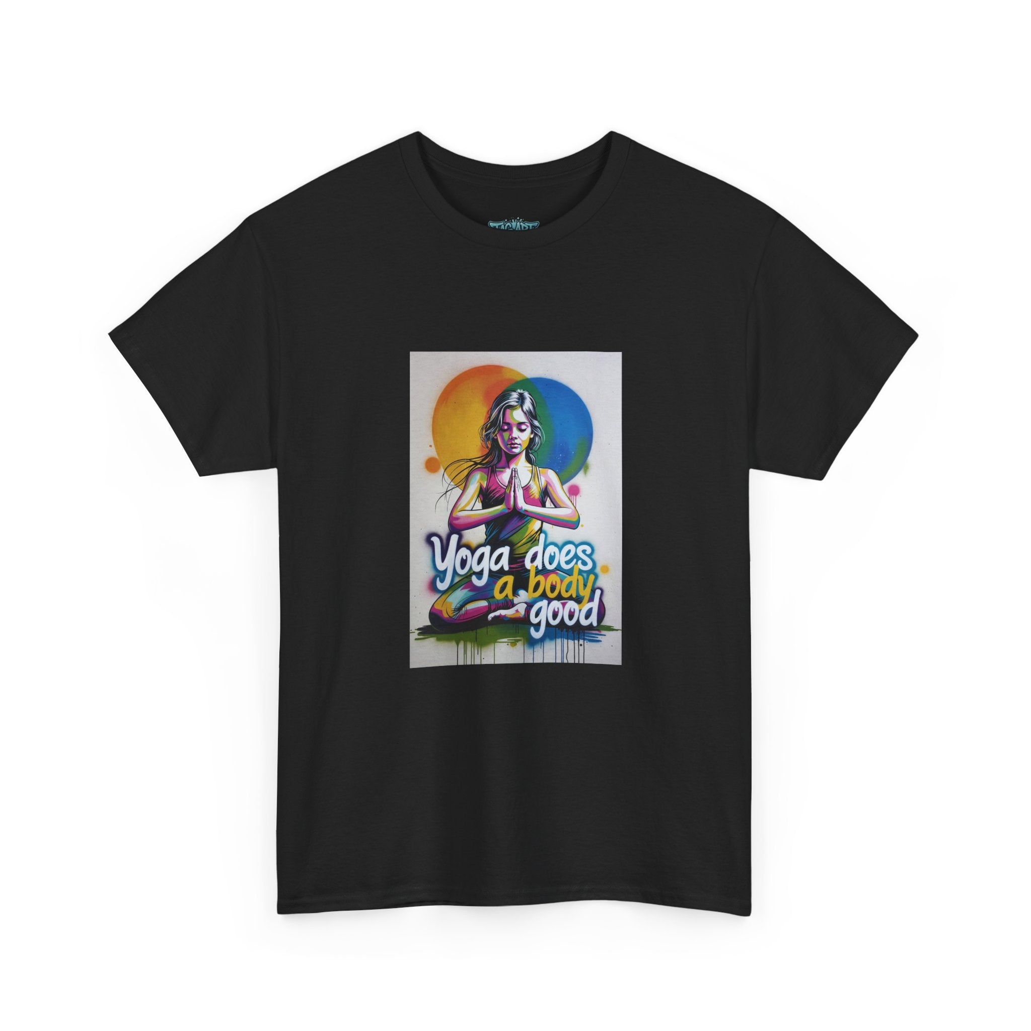 Yoga Does a Body Good T-Shirt | Meditating Woman Rainbow Sun Graphic
