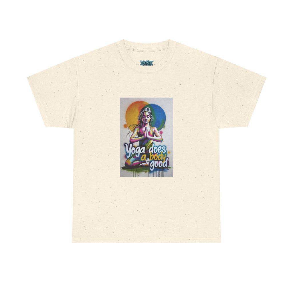 Yoga Does a Body Good T-Shirt | Meditating Woman Rainbow Sun Graphic