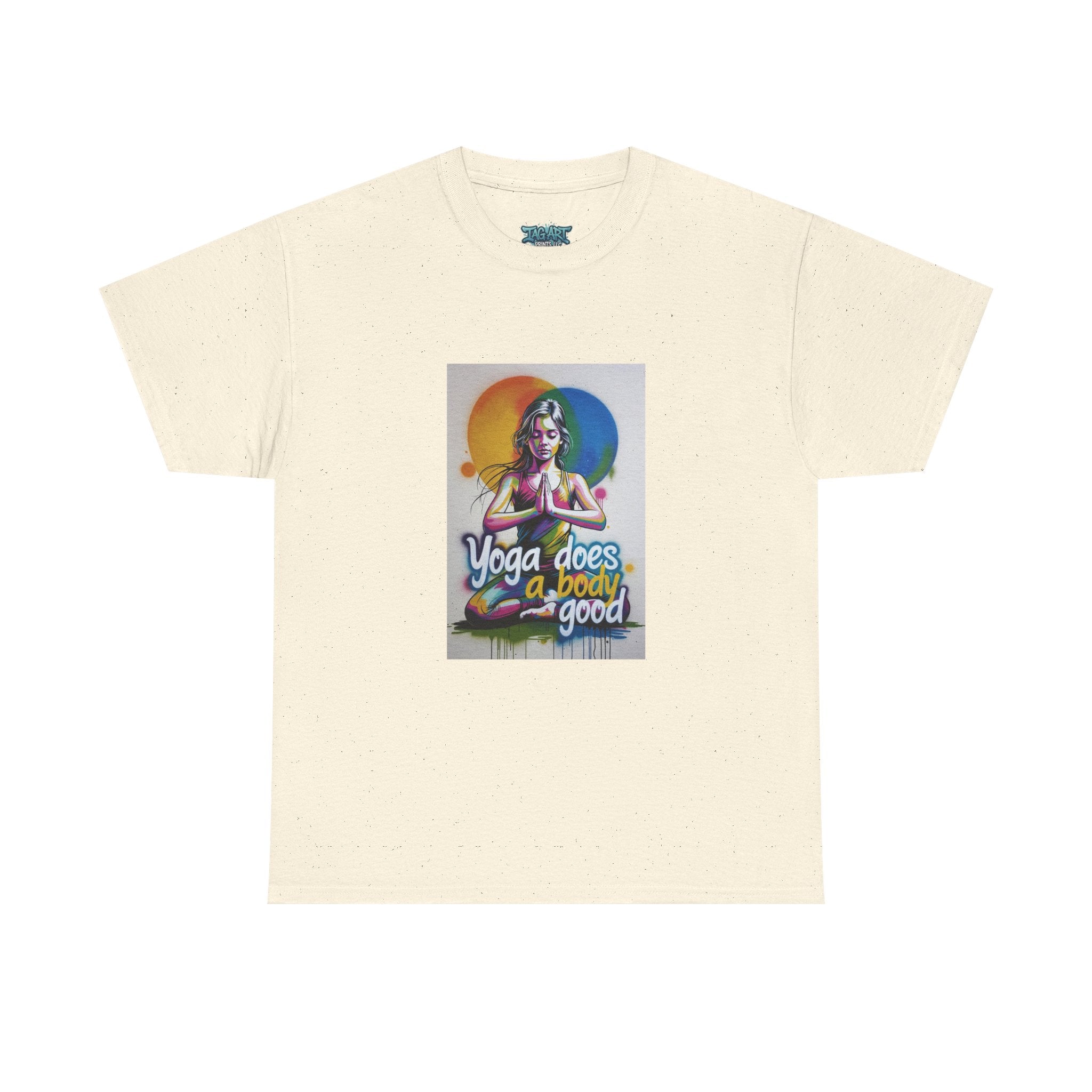 Yoga Does a Body Good T-Shirt | Meditating Woman Rainbow Sun Graphic