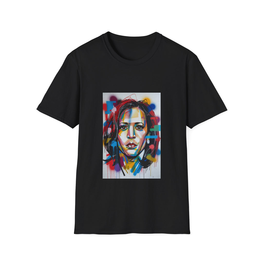 Abstract Artsy Kamala Portrait T-Shirt — Colorful Spray Paint Face Art Tee