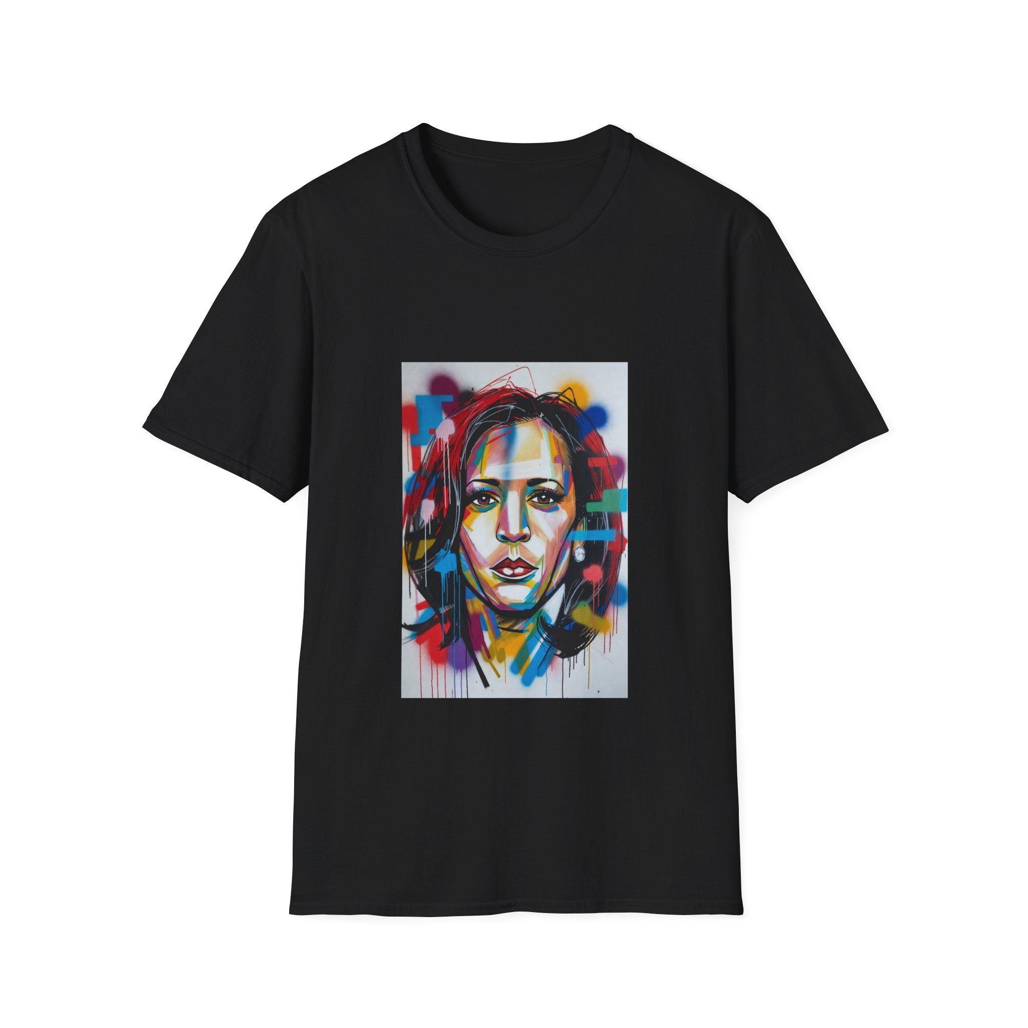 Abstract Artsy Kamala Portrait T-Shirt — Colorful Spray Paint Face Art Tee