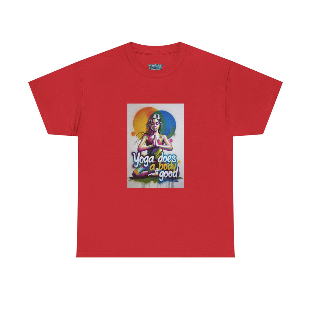 Yoga Does a Body Good T-Shirt | Meditating Woman Rainbow Sun Graphic