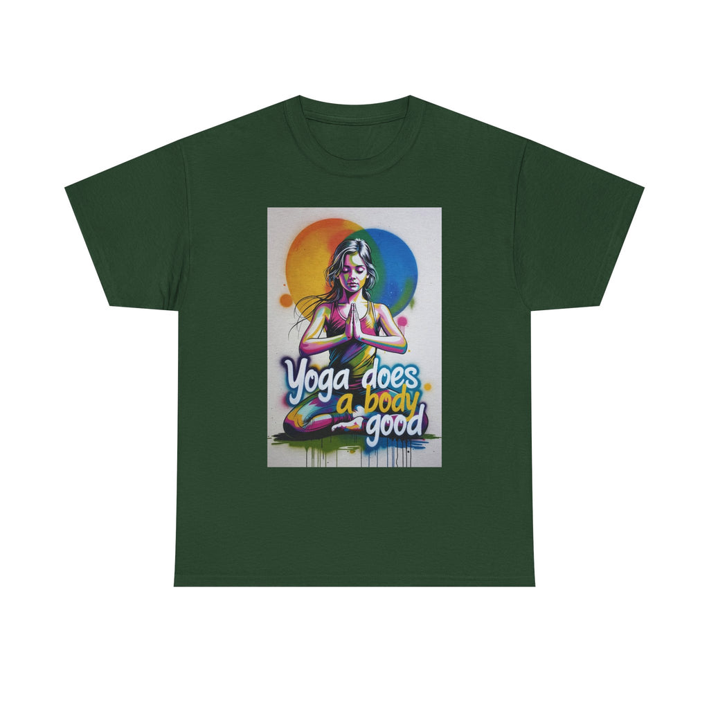 Yoga Does a Body Good T-Shirt | Meditating Woman Rainbow Sun Graphic