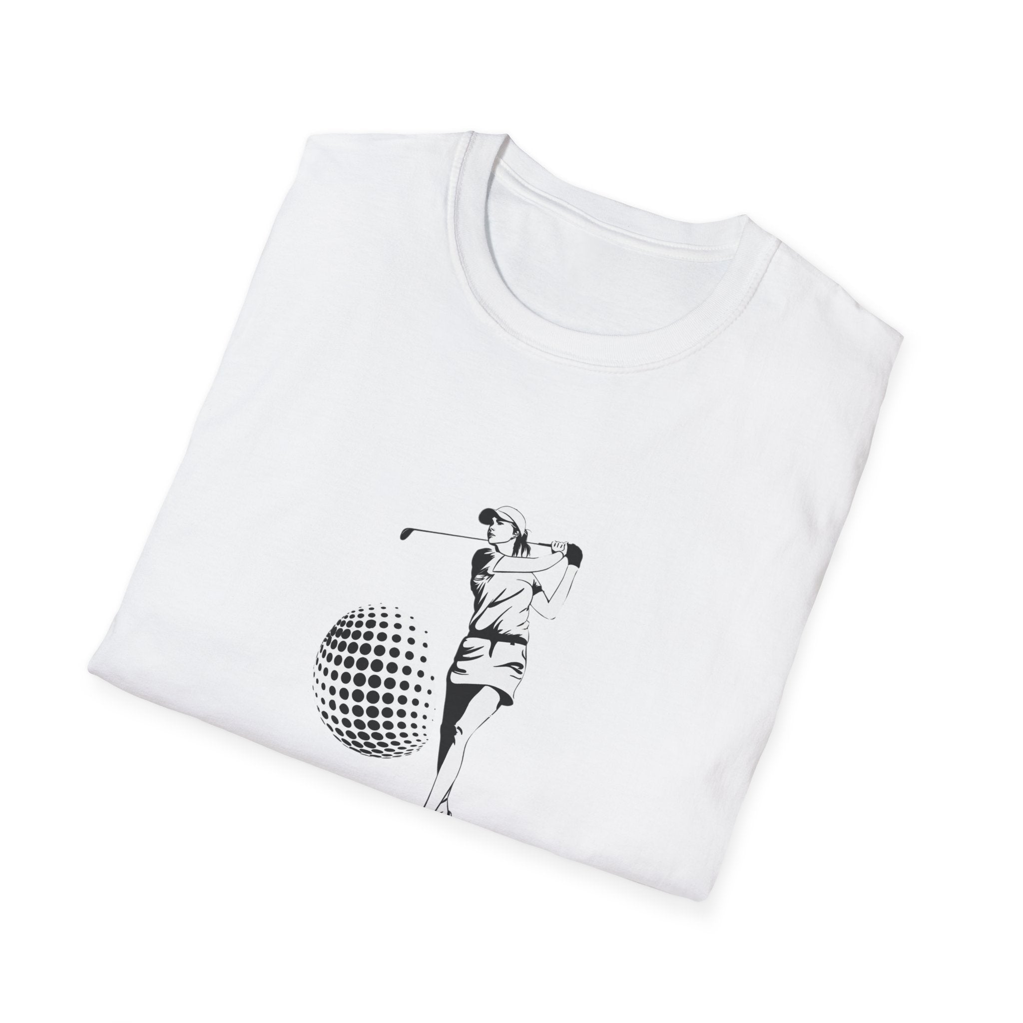 Golf Swing Graphic T‑Shirt — Retro Golfer with Patterned Ball