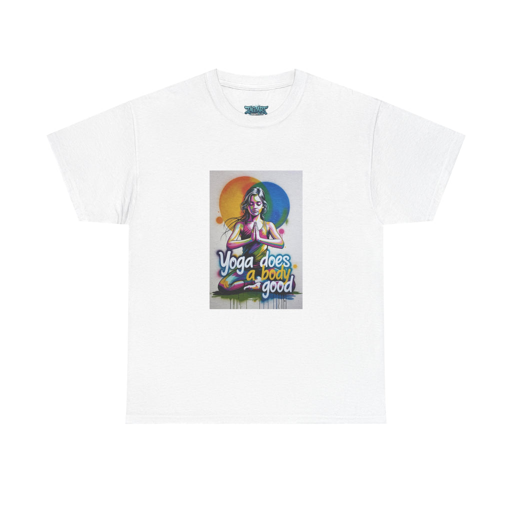 Yoga Does a Body Good T-Shirt | Meditating Woman Rainbow Sun Graphic
