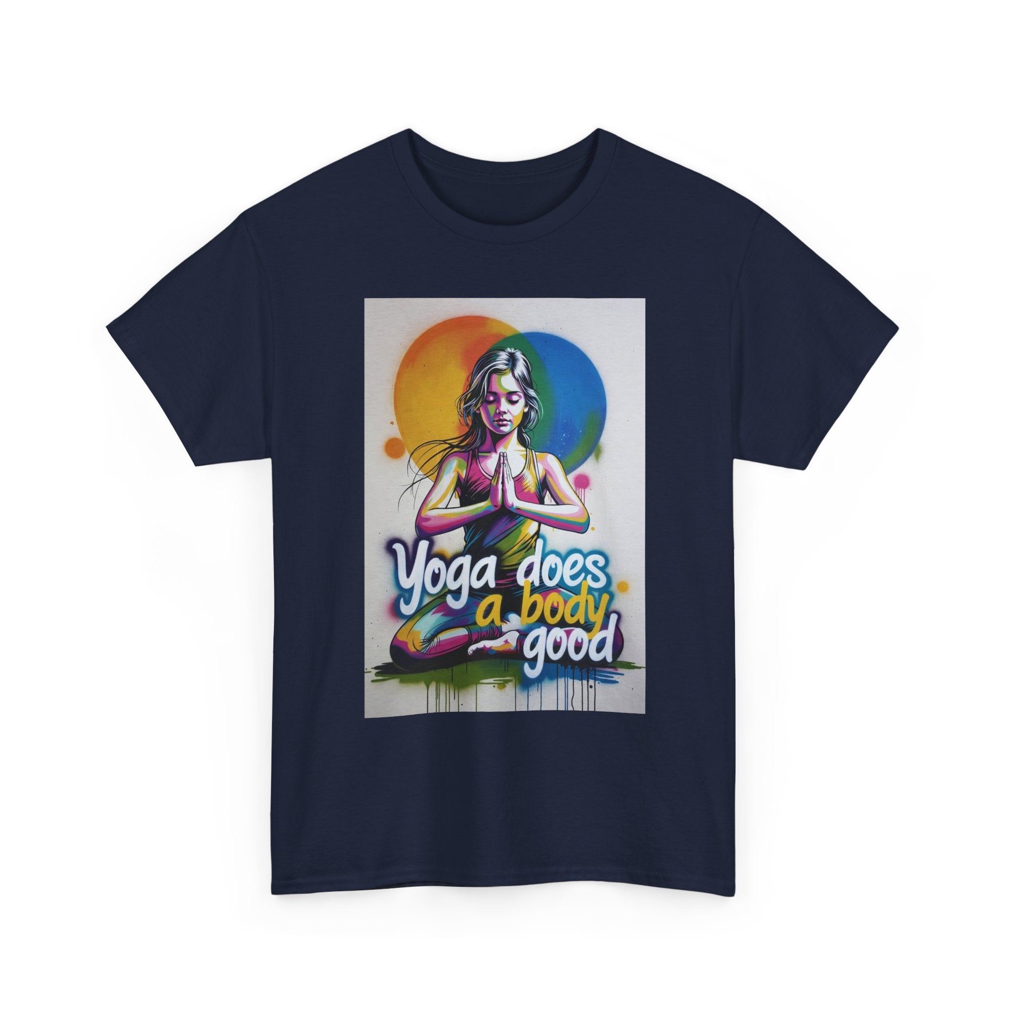 Yoga Does a Body Good T-Shirt | Meditating Woman Rainbow Sun Graphic