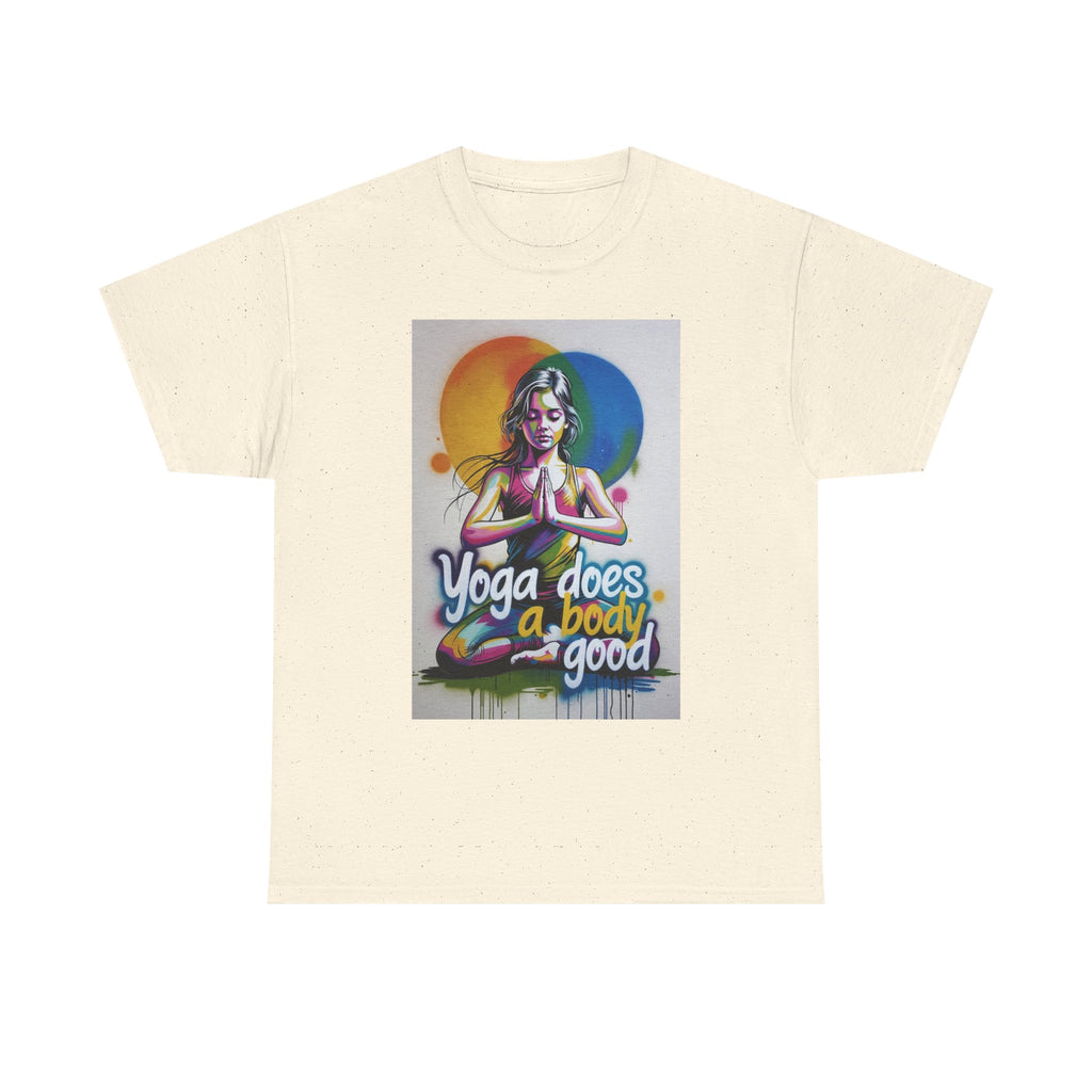 Yoga Does a Body Good T-Shirt | Meditating Woman Rainbow Sun Graphic