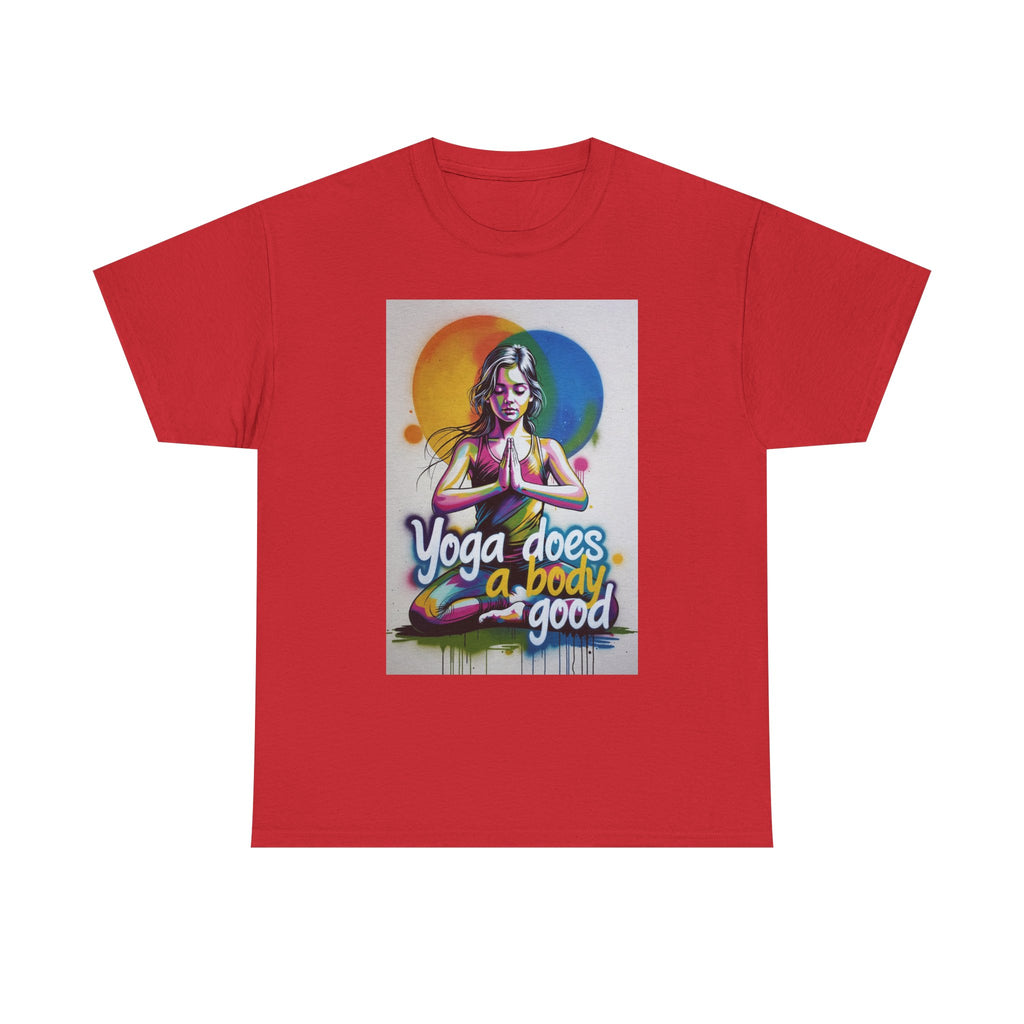 Yoga Does a Body Good T-Shirt | Meditating Woman Rainbow Sun Graphic