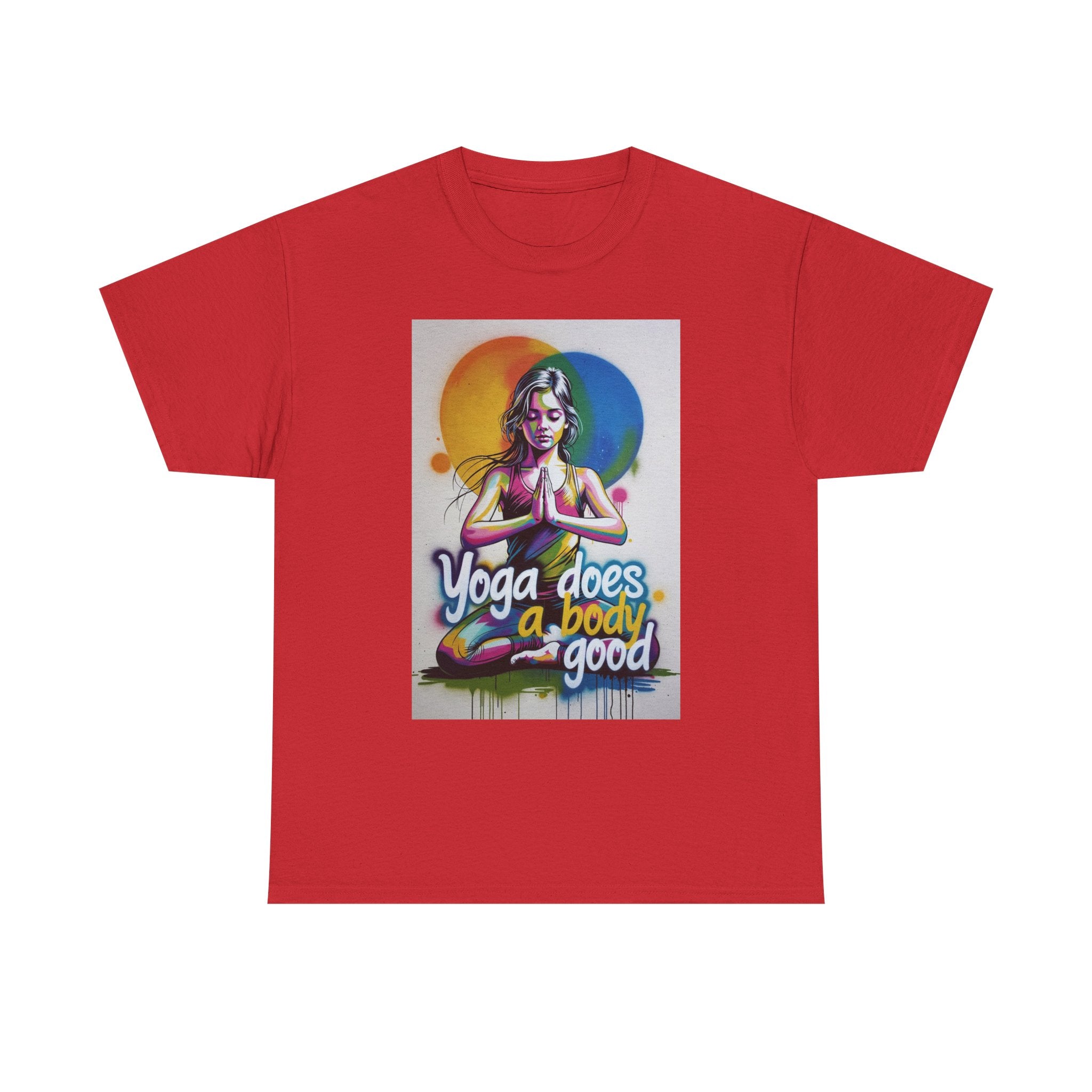 Yoga Does a Body Good T-Shirt | Meditating Woman Rainbow Sun Graphic