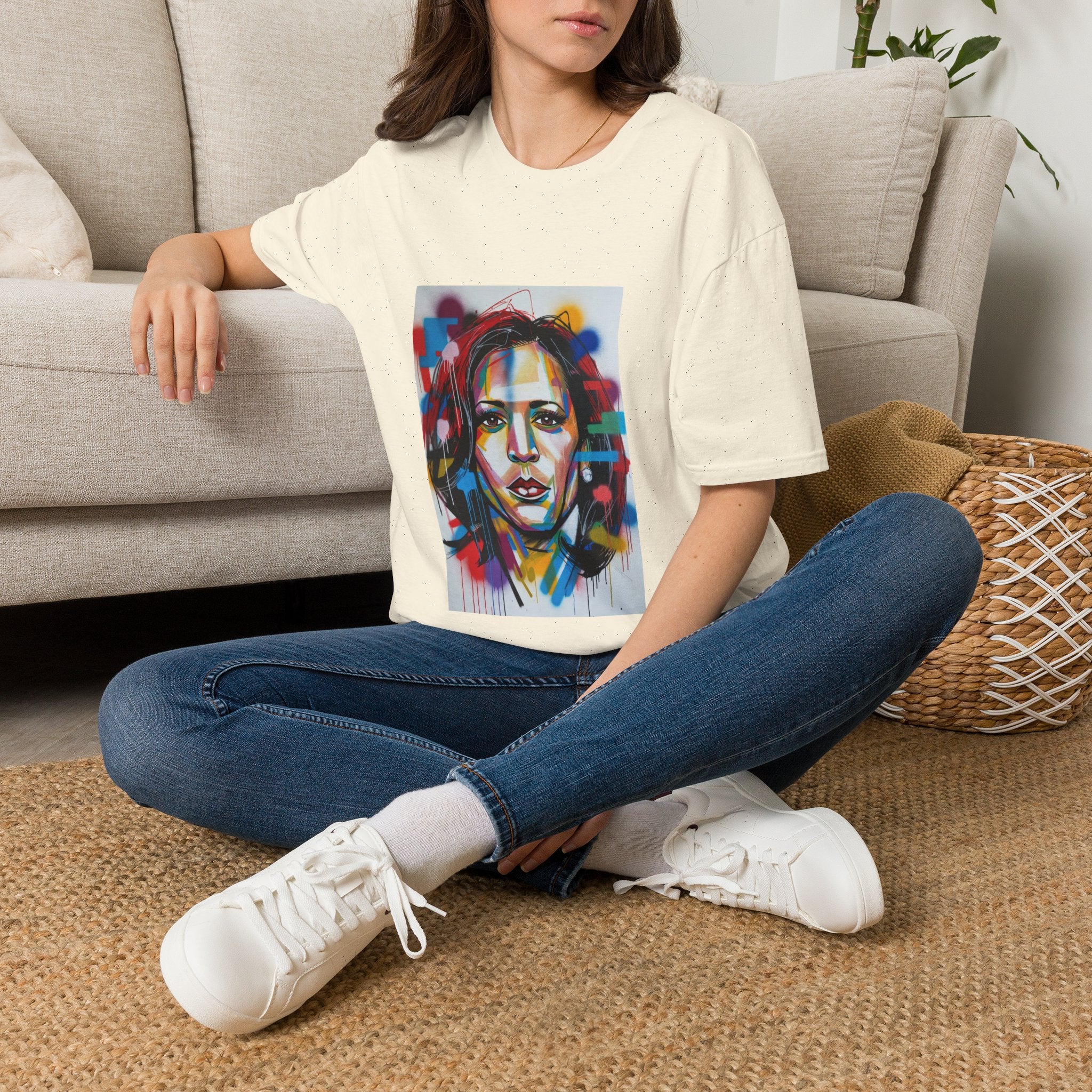 Abstract Artsy Kamala Portrait T-Shirt — Colorful Spray Paint Face Art Tee