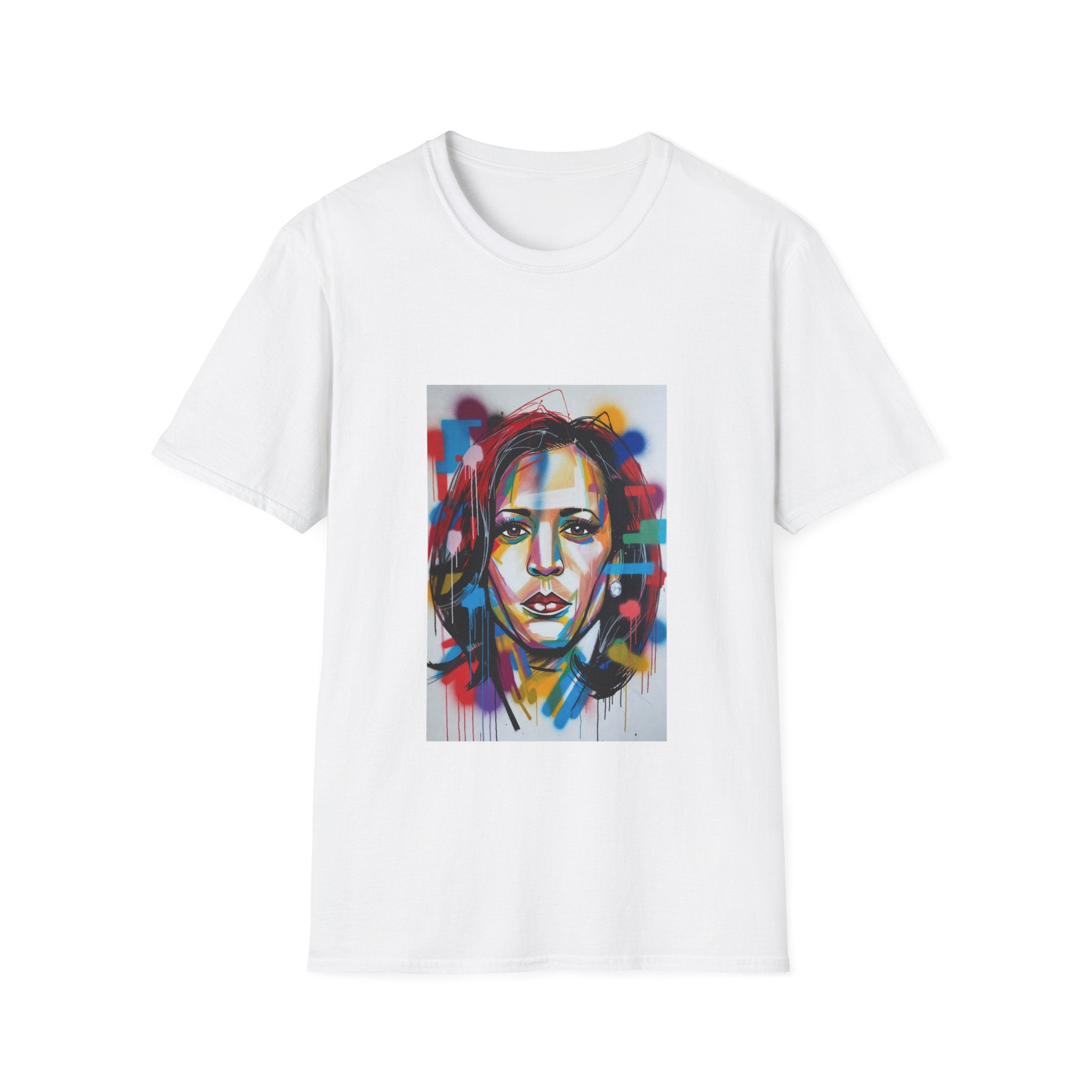 Abstract Artsy Kamala Portrait T-Shirt — Colorful Spray Paint Face Art Tee