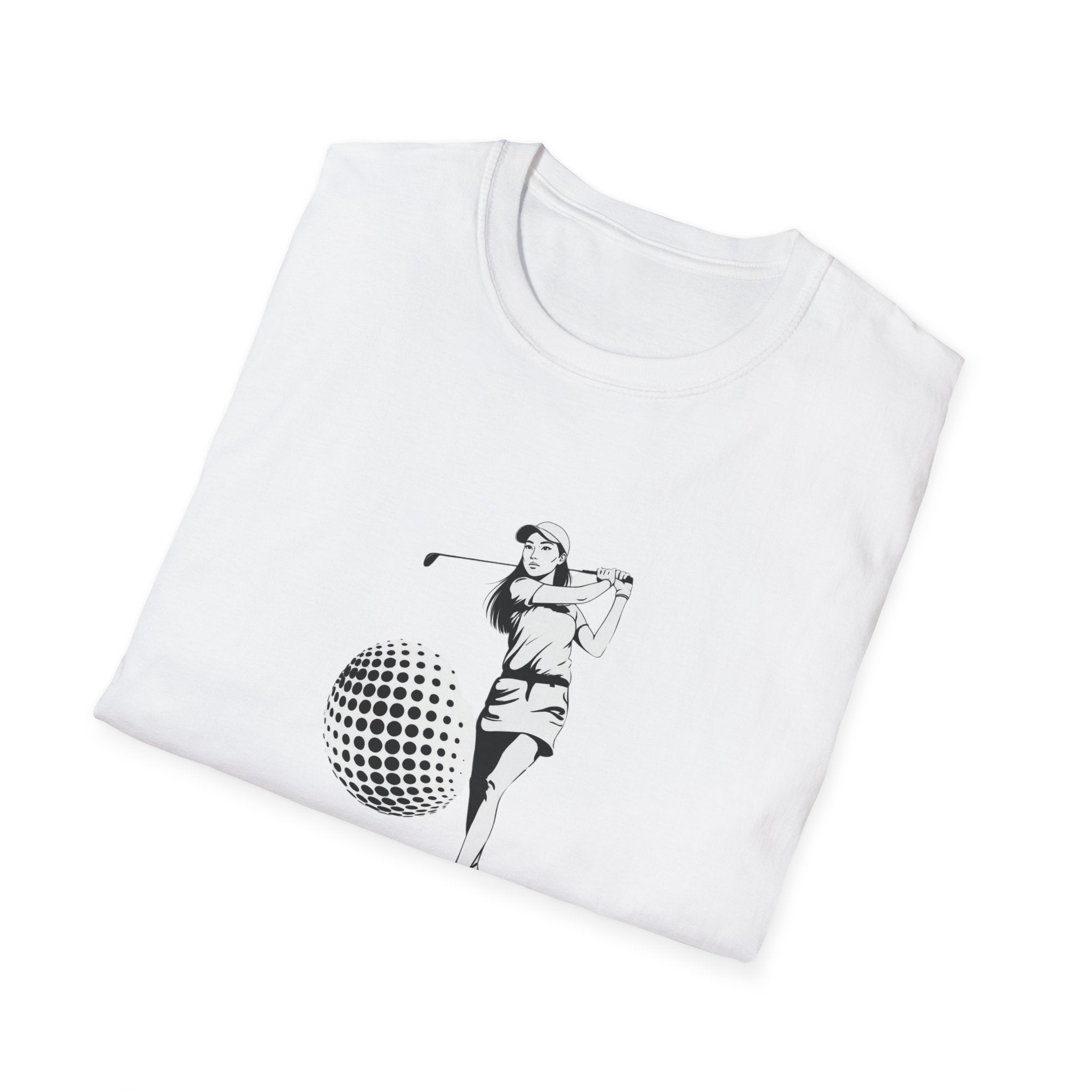 Golf Swing Graphic T‑Shirt — Retro Golfer with Patterned Ball
