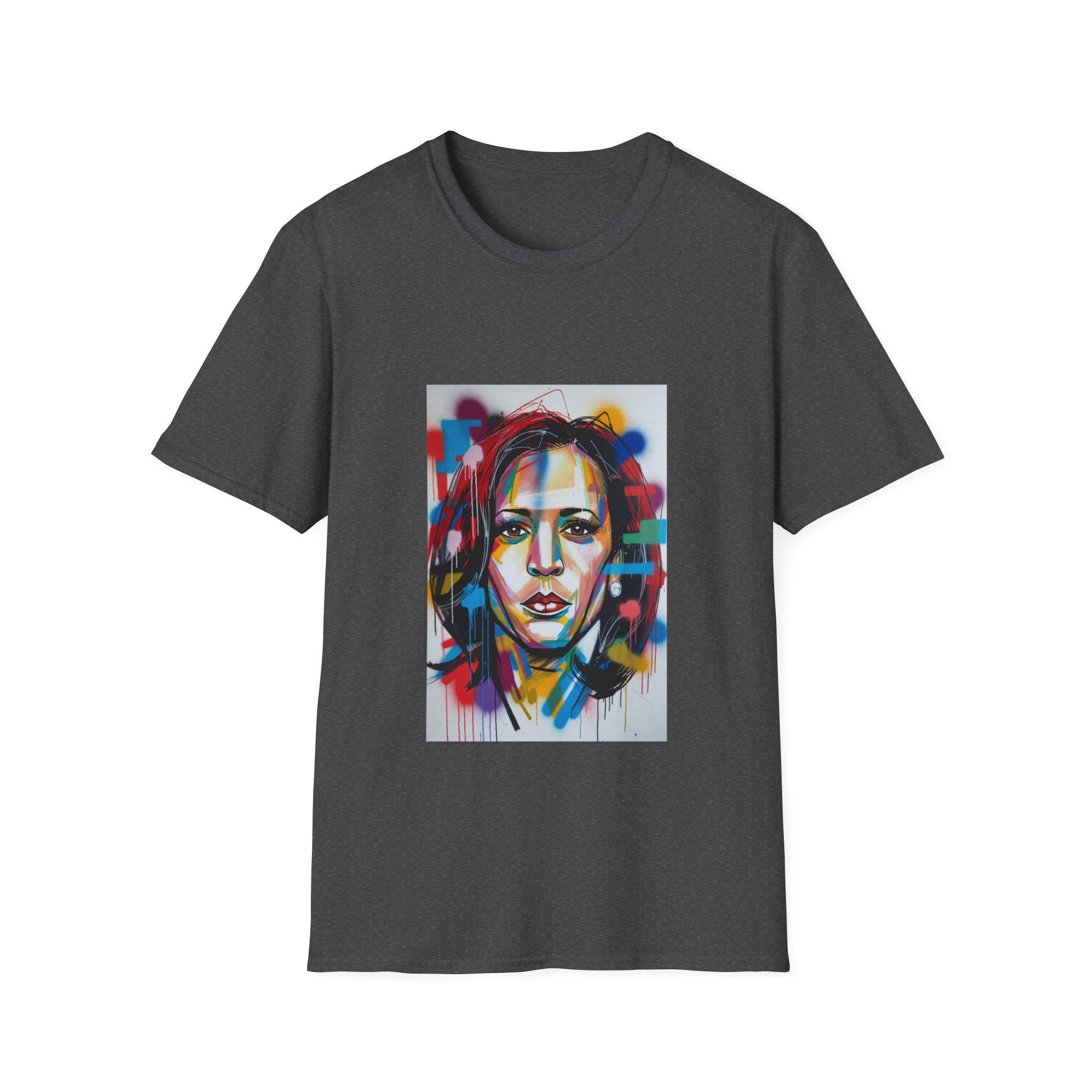 Abstract Artsy Kamala Portrait T-Shirt — Colorful Spray Paint Face Art Tee