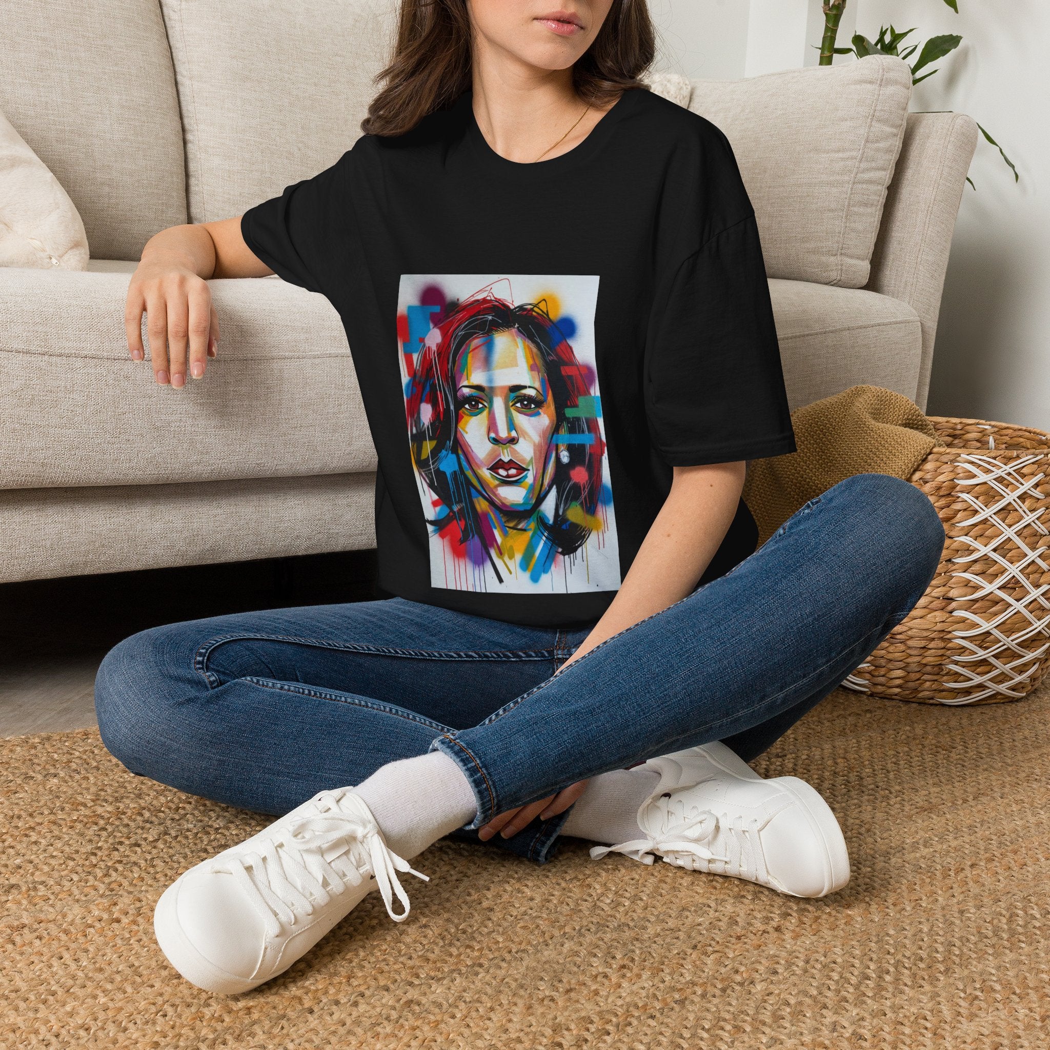 Abstract Artsy Kamala Portrait T-Shirt — Colorful Spray Paint Face Art Tee