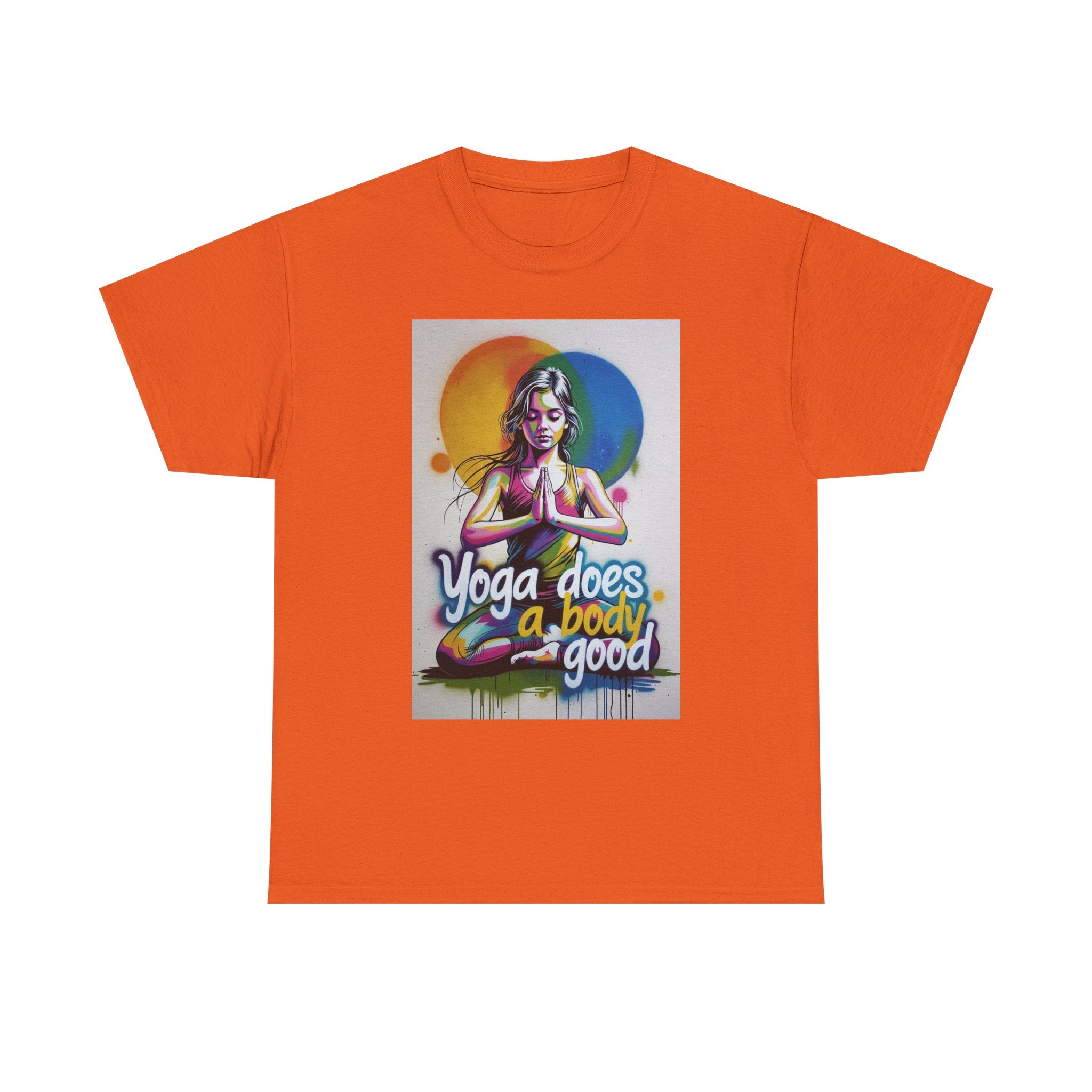 Yoga Does a Body Good T-Shirt | Meditating Woman Rainbow Sun Graphic
