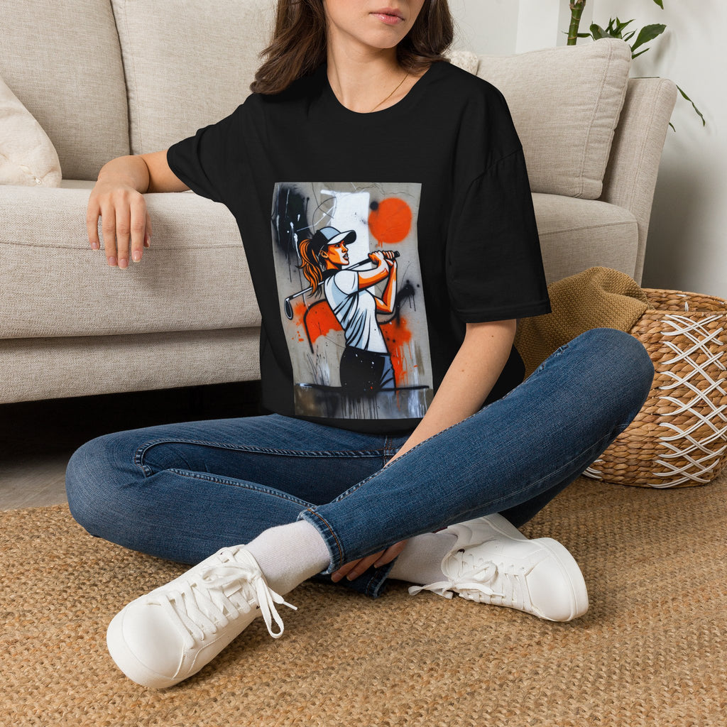 Female Golfer Swing Illustration T-Shirt | Sports Art, Retro Orange Accent