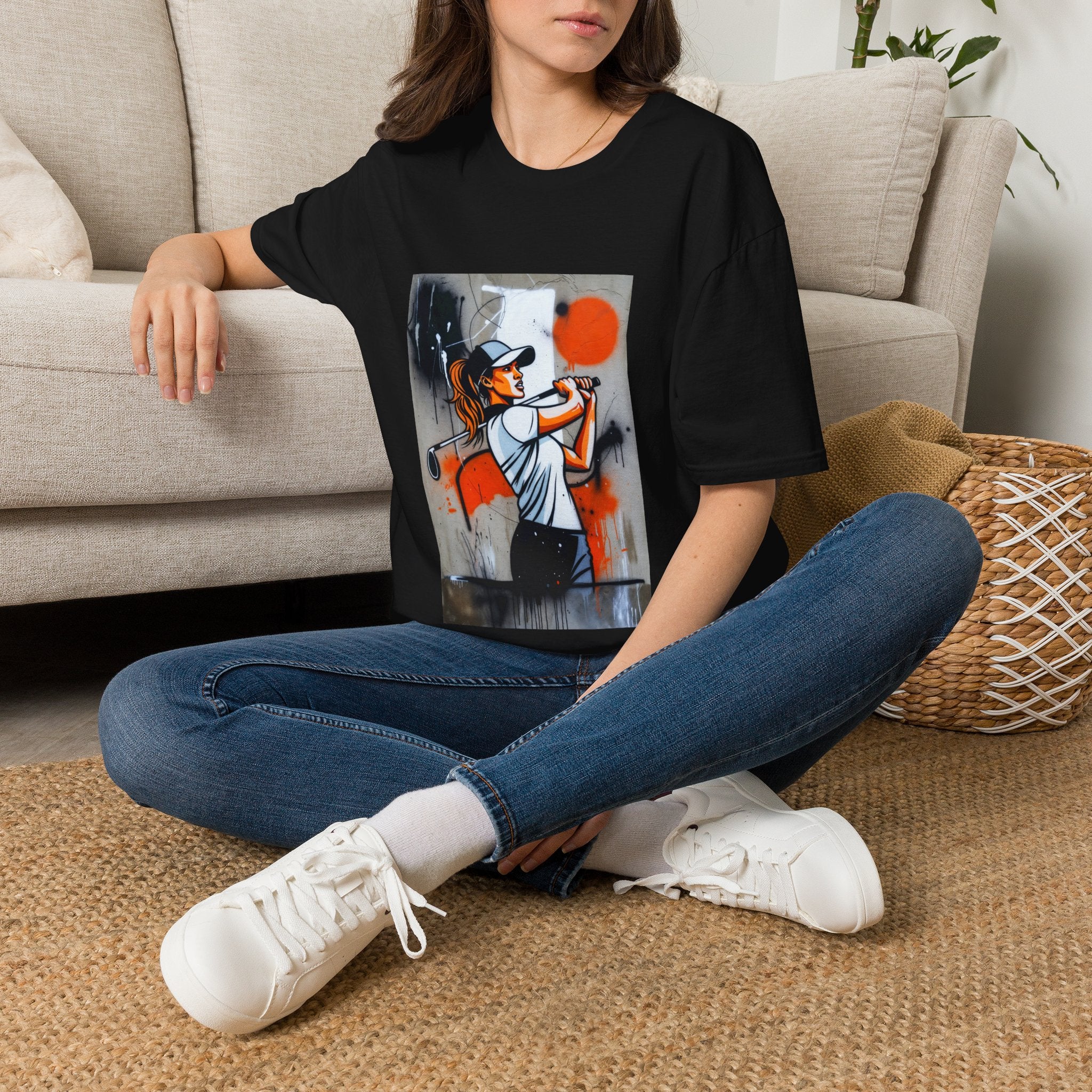 Female Golfer Swing Illustration T-Shirt | Sports Art, Retro Orange Accent