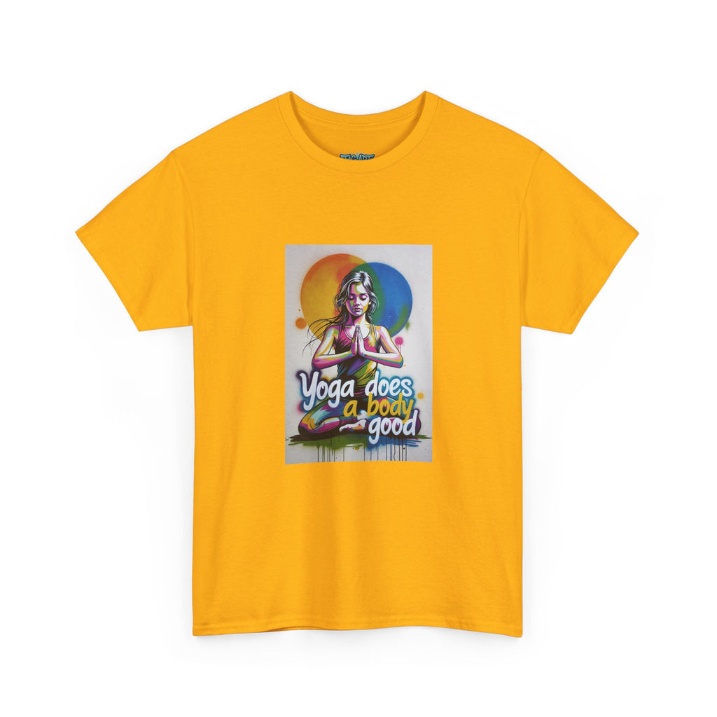 Yoga Does a Body Good T-Shirt | Meditating Woman Rainbow Sun Graphic