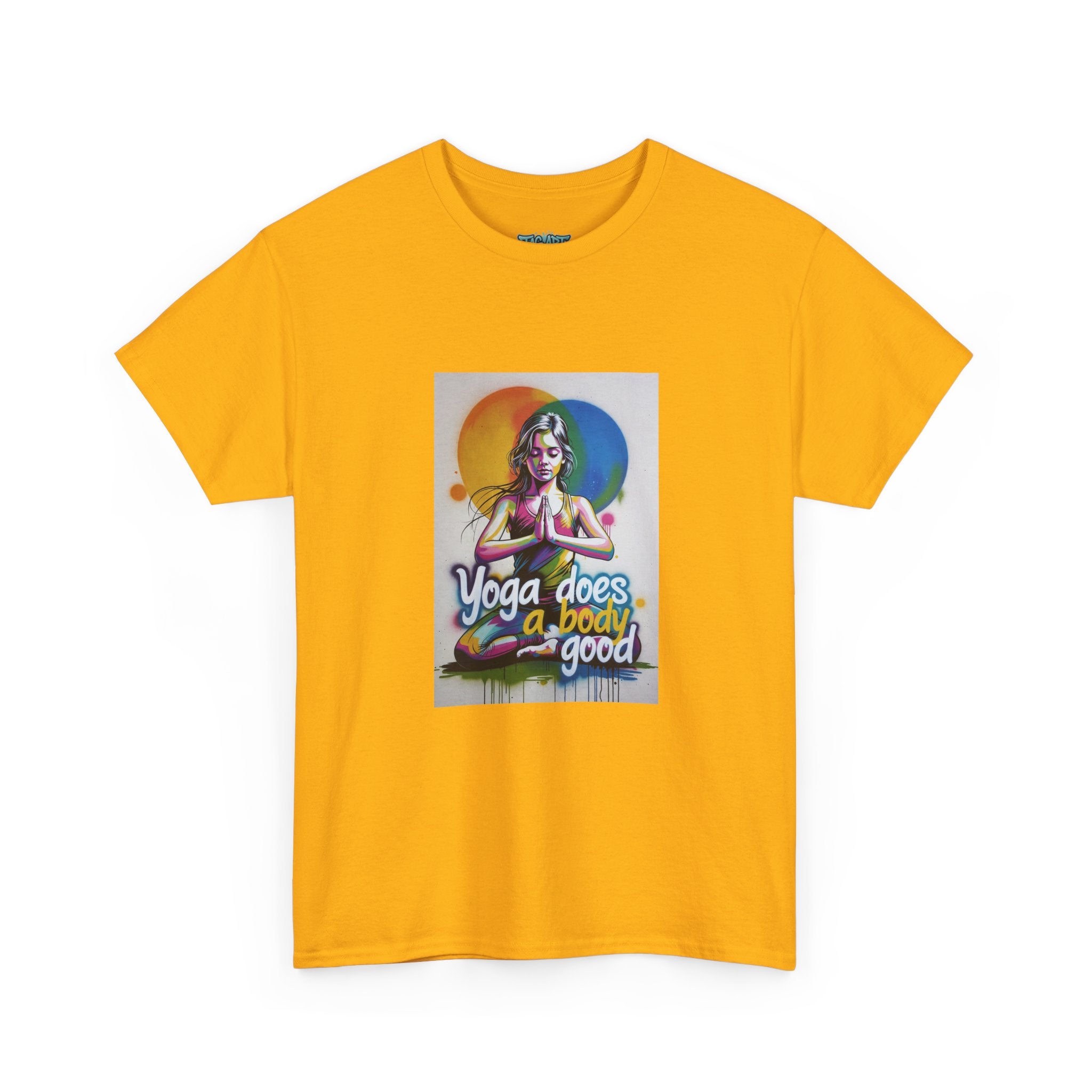 Yoga Does a Body Good T-Shirt | Meditating Woman Rainbow Sun Graphic