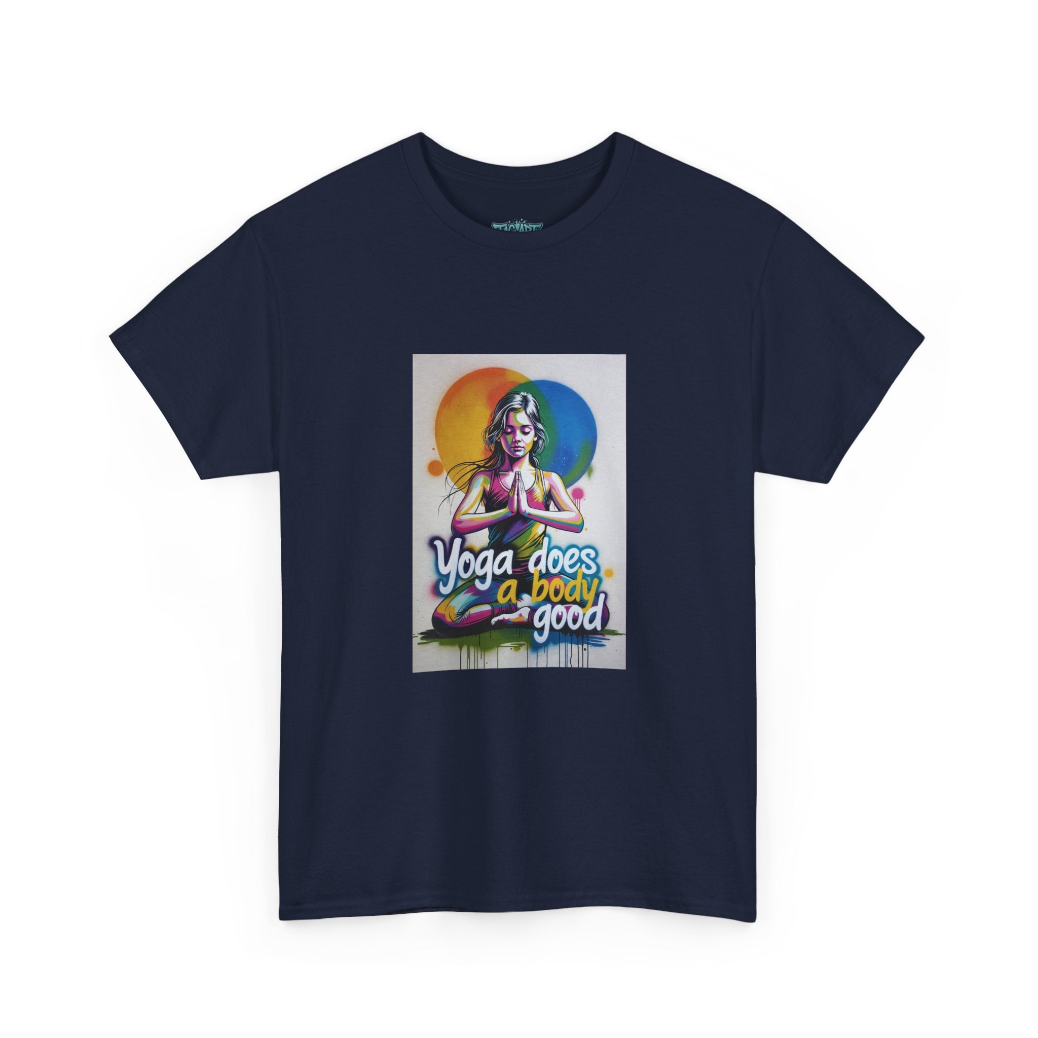 Yoga Does a Body Good T-Shirt | Meditating Woman Rainbow Sun Graphic